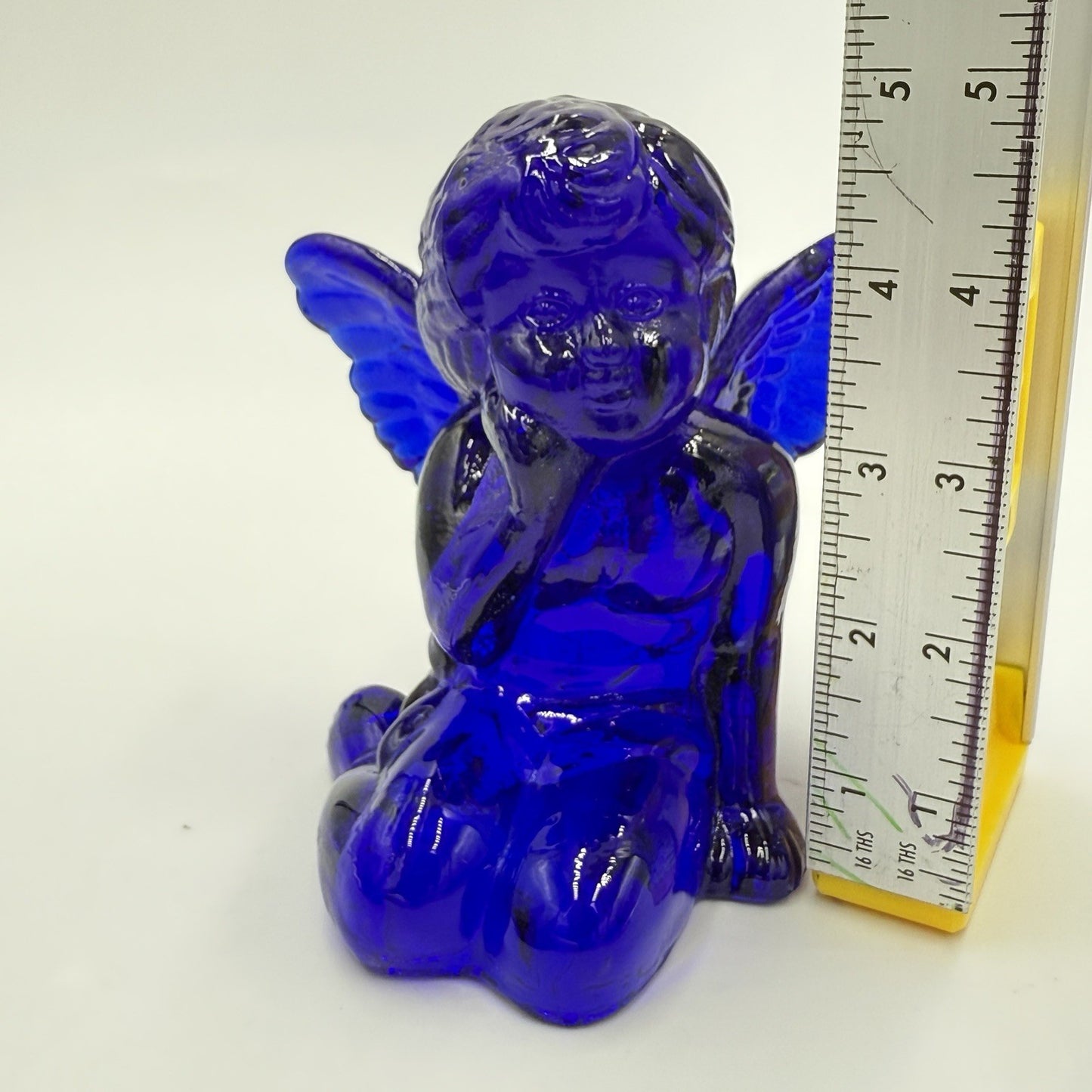 Vintage Art Glass Cherub Blue Cobalt Sitting Angel Candle Holder 5”
