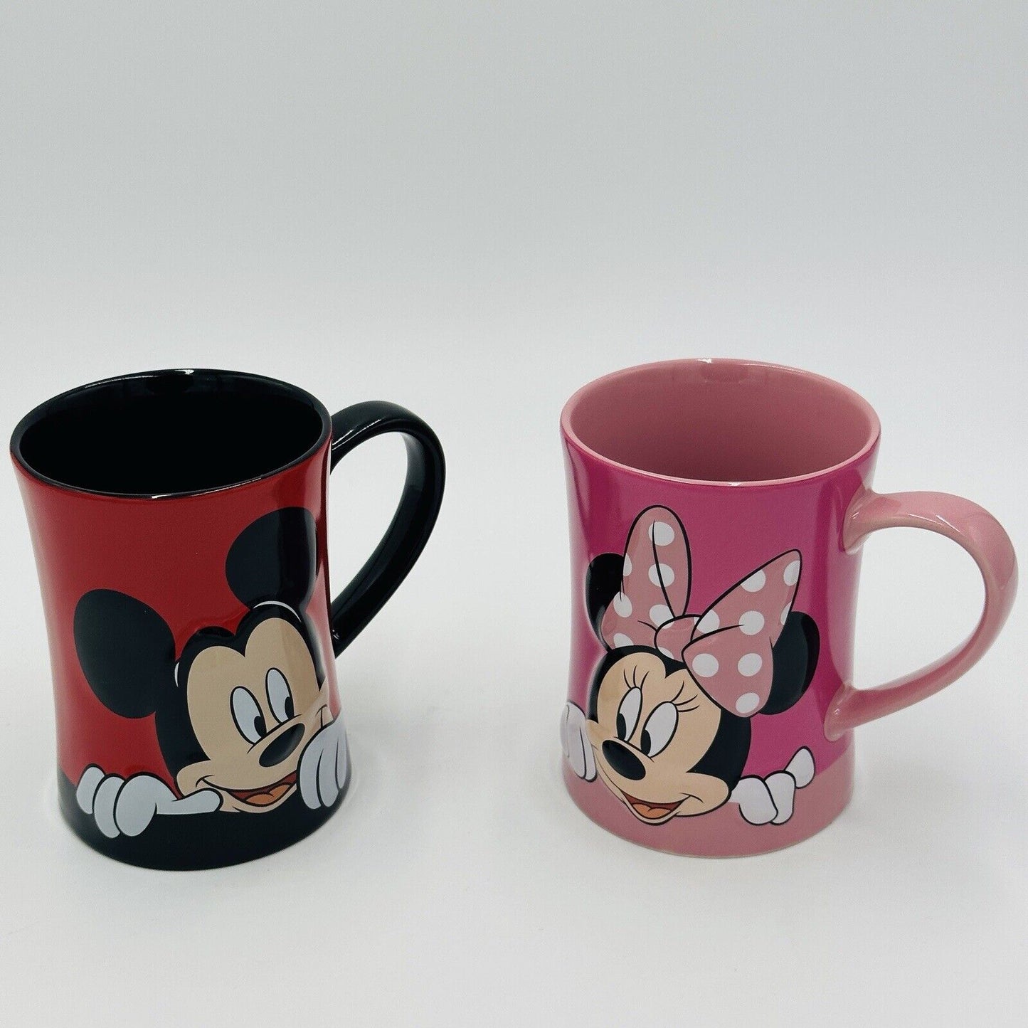 Disney Store Mugs Embossed Mickey And Minnie Mouse Pink And Red Coffee Set 2 USA