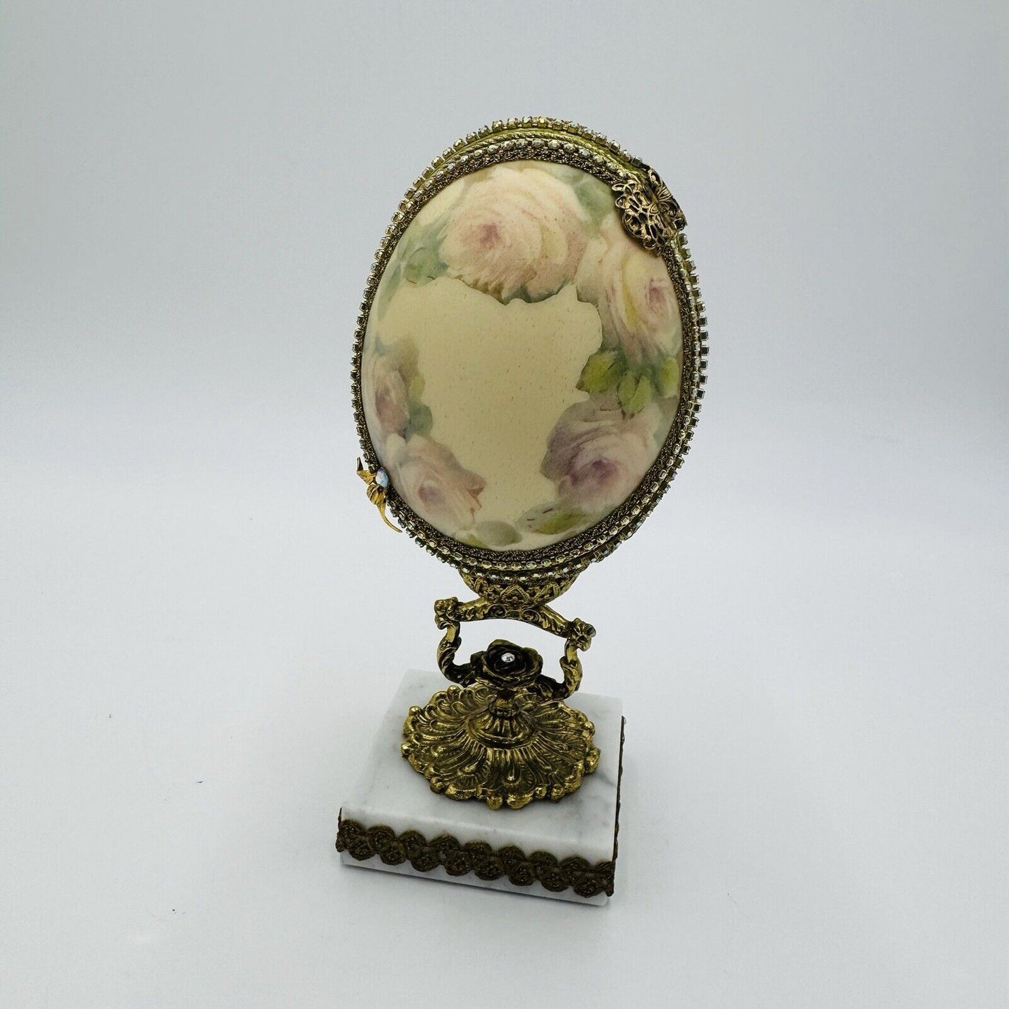 Vintage Ostrich Egg Ornate Hand Decorated Brass & Marble Base Green Velvet Lined