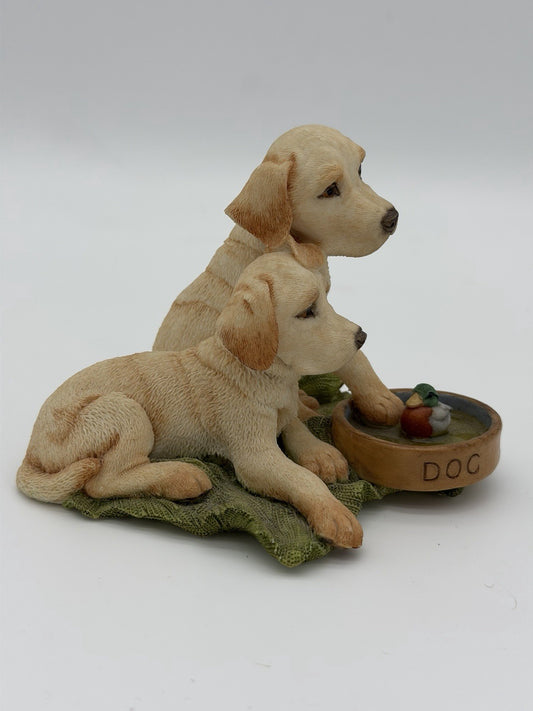 Country Artists England Yellow Labrador Pups W/Dog Bowl Painted Dog Figurine 4”