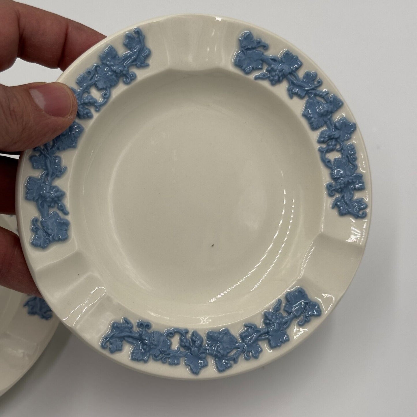 Wedgwood Ashtray Set of 2 Embossed Queens Ware Blue White Grape Vine Home Decor
