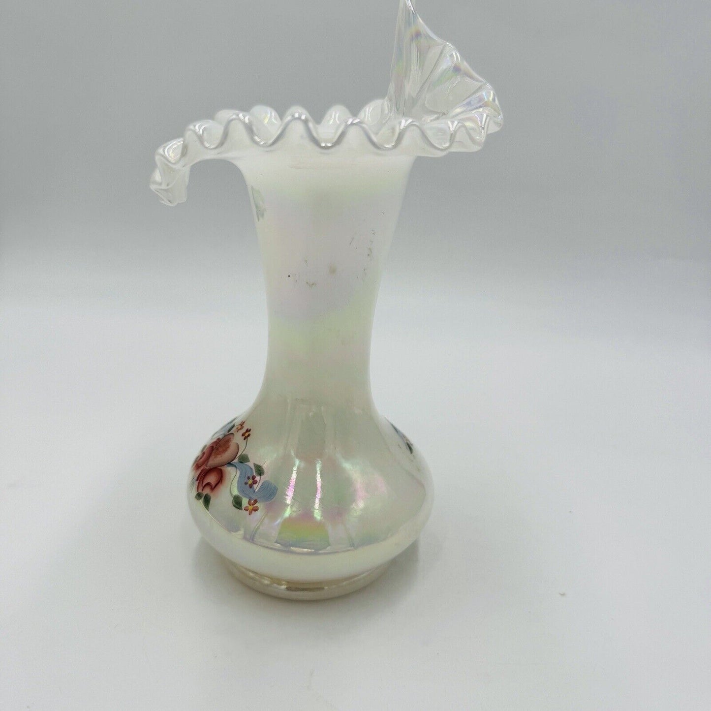 Fenton Art Glass Floral Iridescent Jack In The Pulpit Vase Handpainted Signed 9"