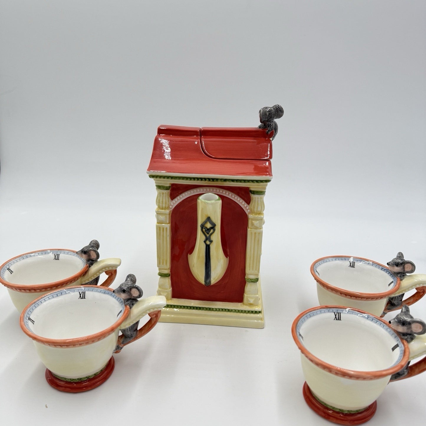 Dept 56 Storybook "Hickory Dickory Dock" Handpainted Ceramic Teapot & 4 Tea Cups