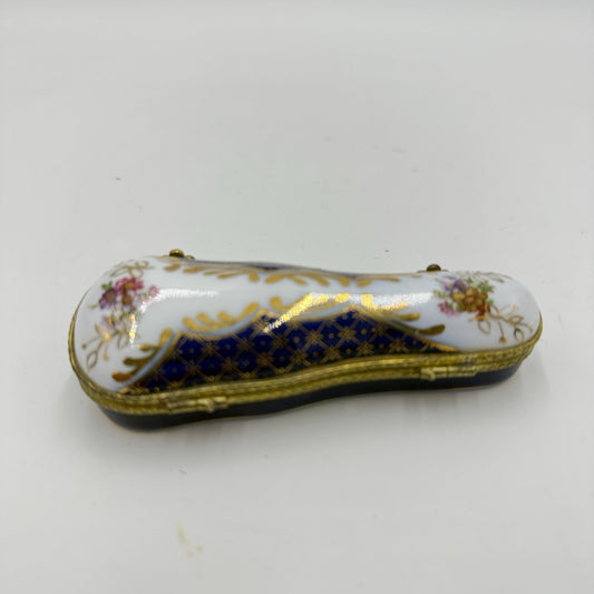 Museum Of Jewelry Porcelain Cobalt Floral Miniature Violin Case Trinket Box