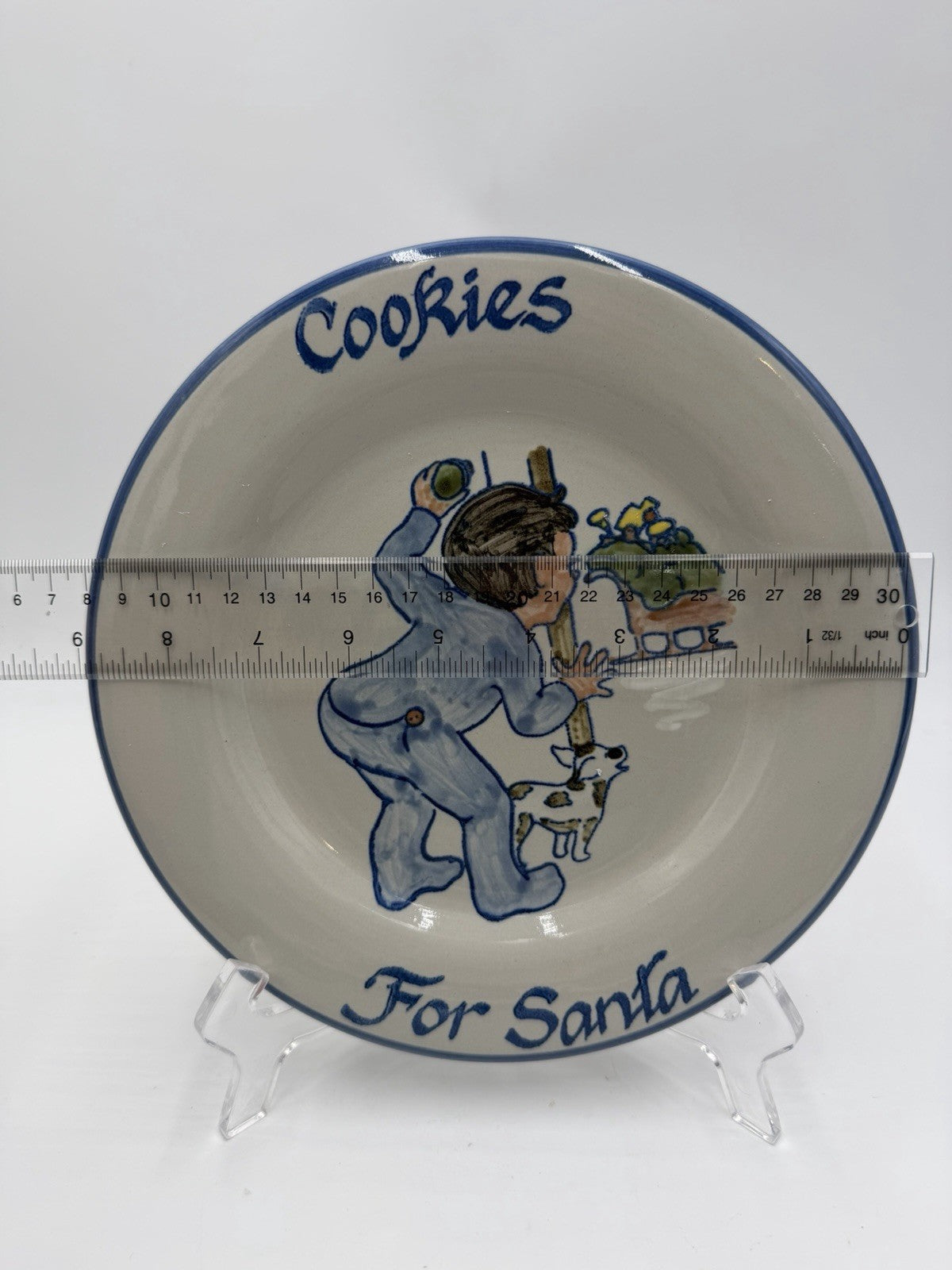 Louisville Stoneware Kentucky Pottery Cookies For Santa Plate 9” Blue Rim Boy