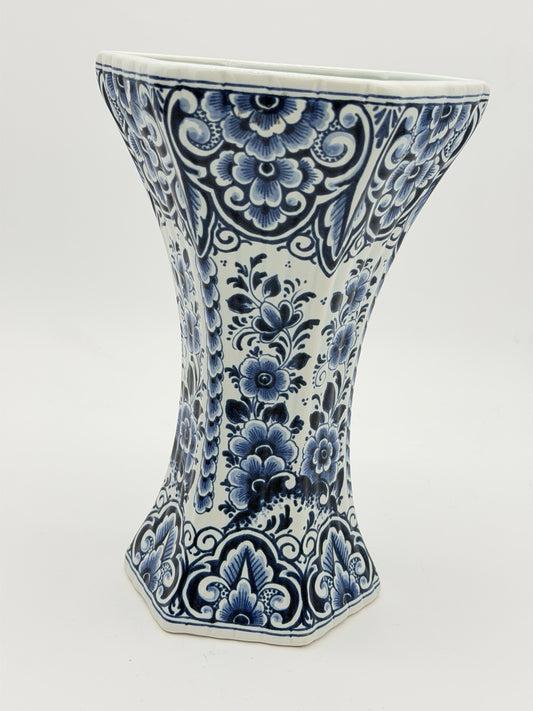Delft blue & white floral 12.2” painted Dutch pottery Octagonal vase
