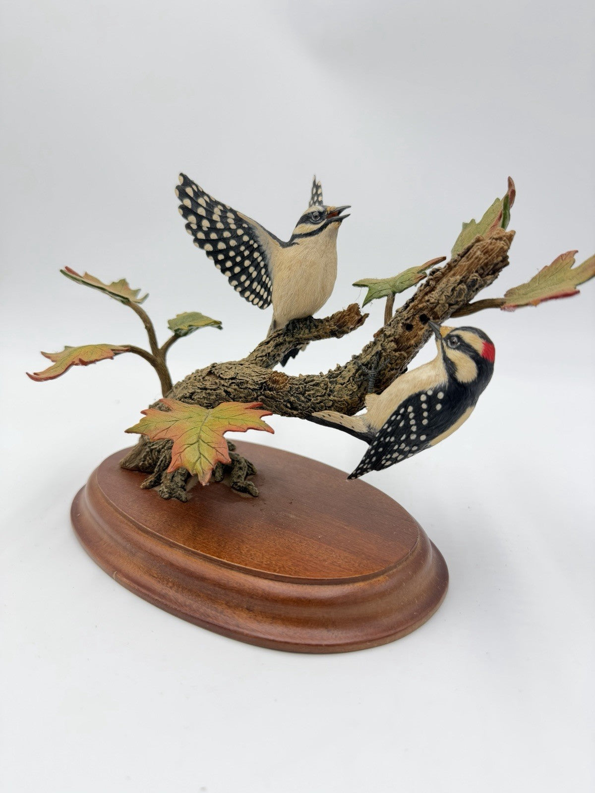 Danbury Mint Autumn Wonder Downy Woodpeckers Figurine Bob Guge Wood Base