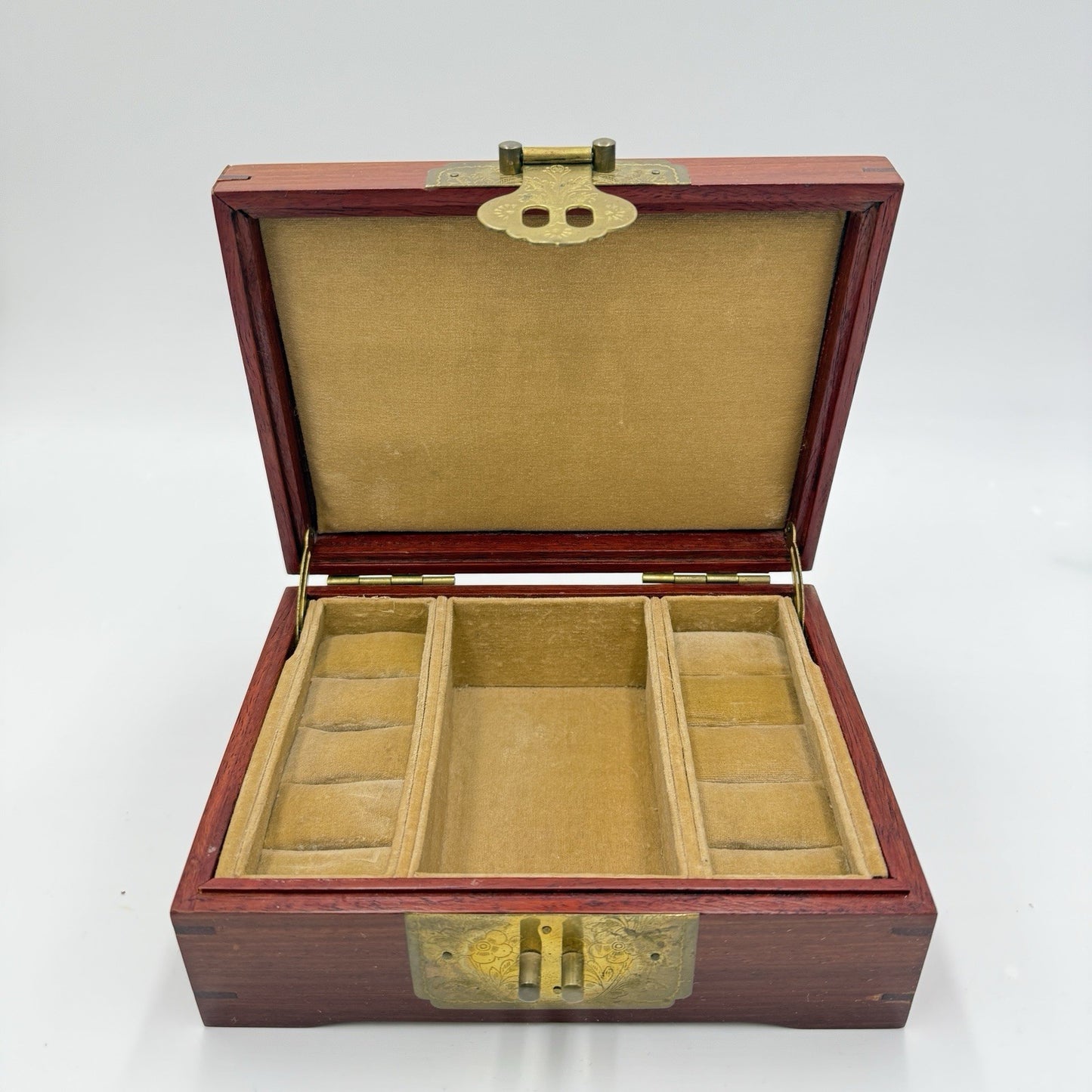 Chinese Classical Rosewood Brass Velvet Art Jewelry Case Trinket Box Wooden Asia