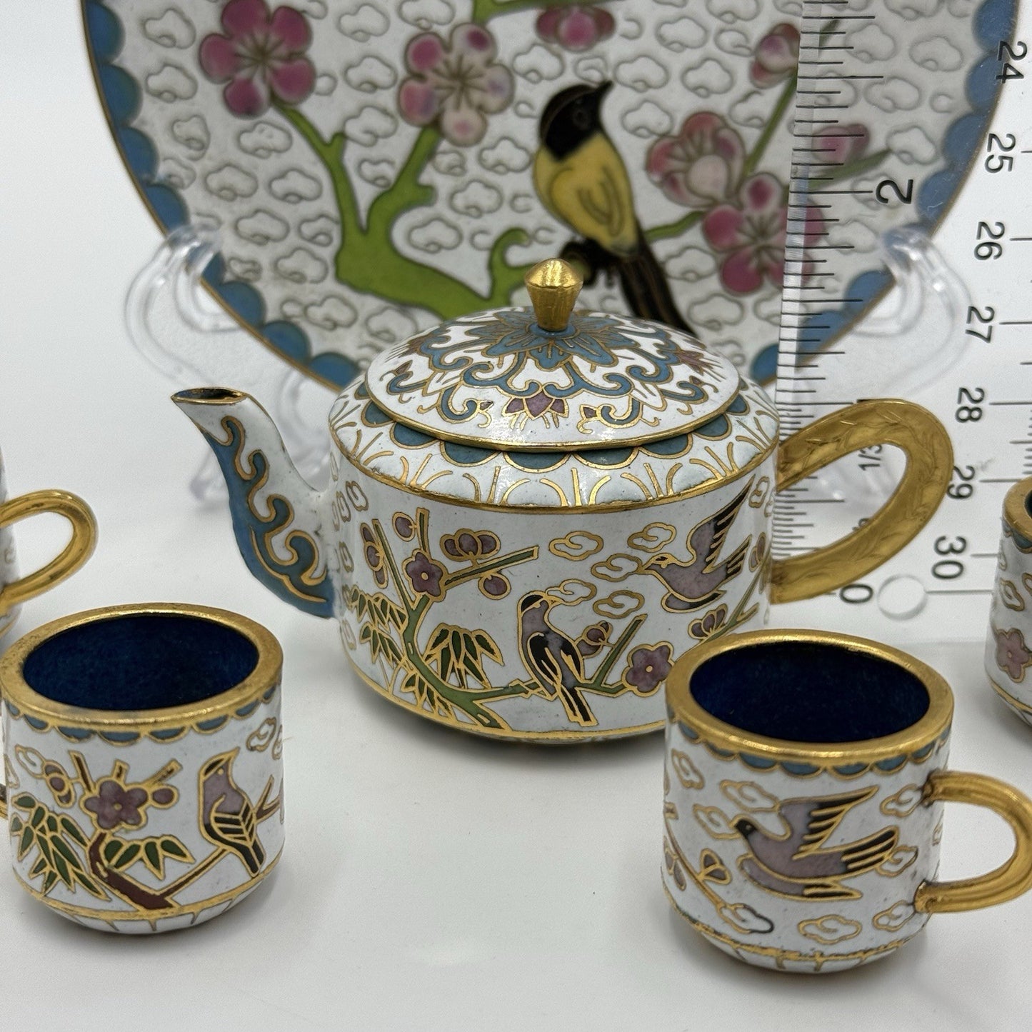 Vtg Cloisonné Enamel Chinese Bird Pattern Miniature Tea Set Dollhouse 6 PCs