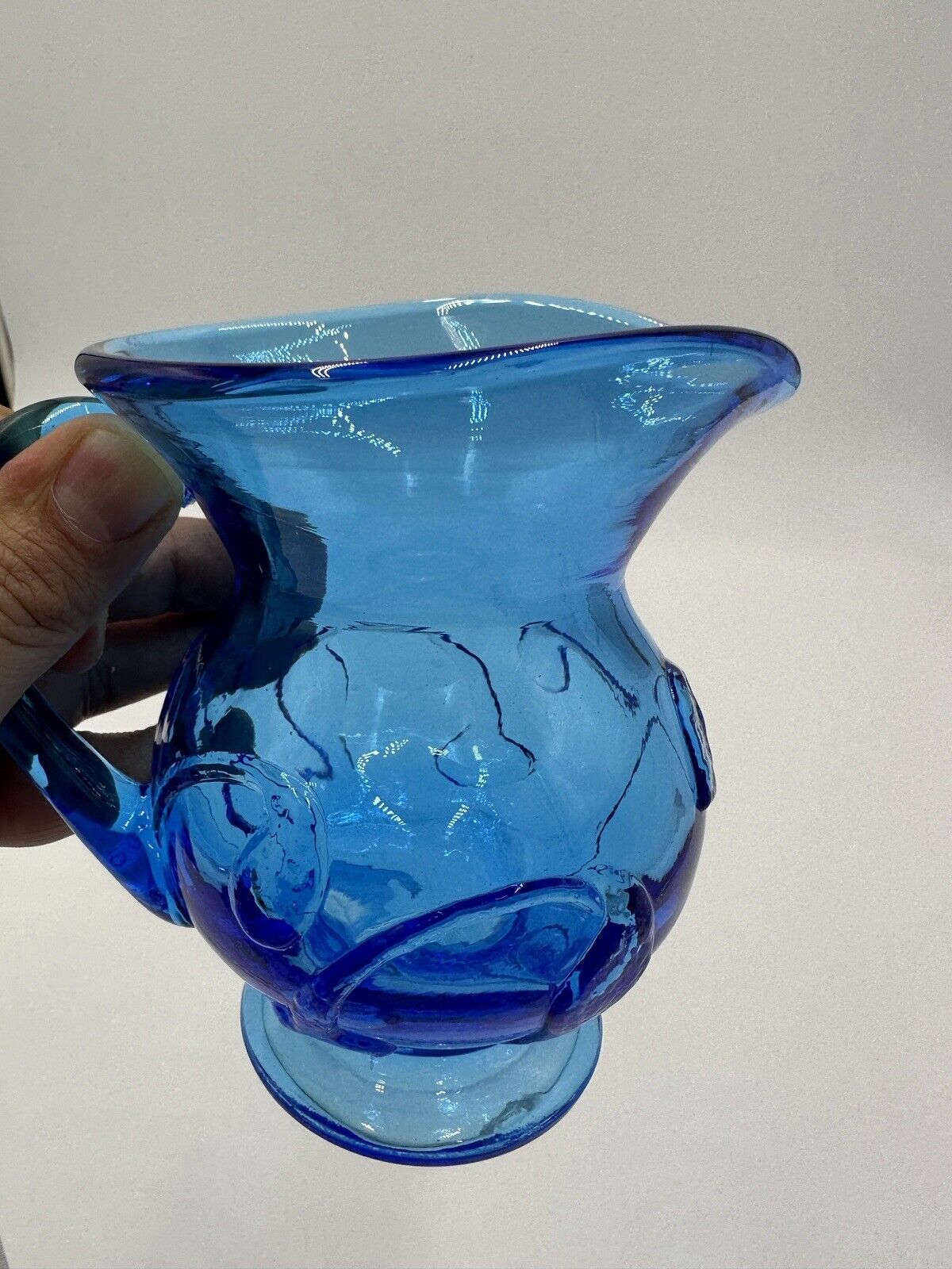 Electric Blue Pitcher Art Glass Hand Blown Floral Pressed Handled Decor Vintage