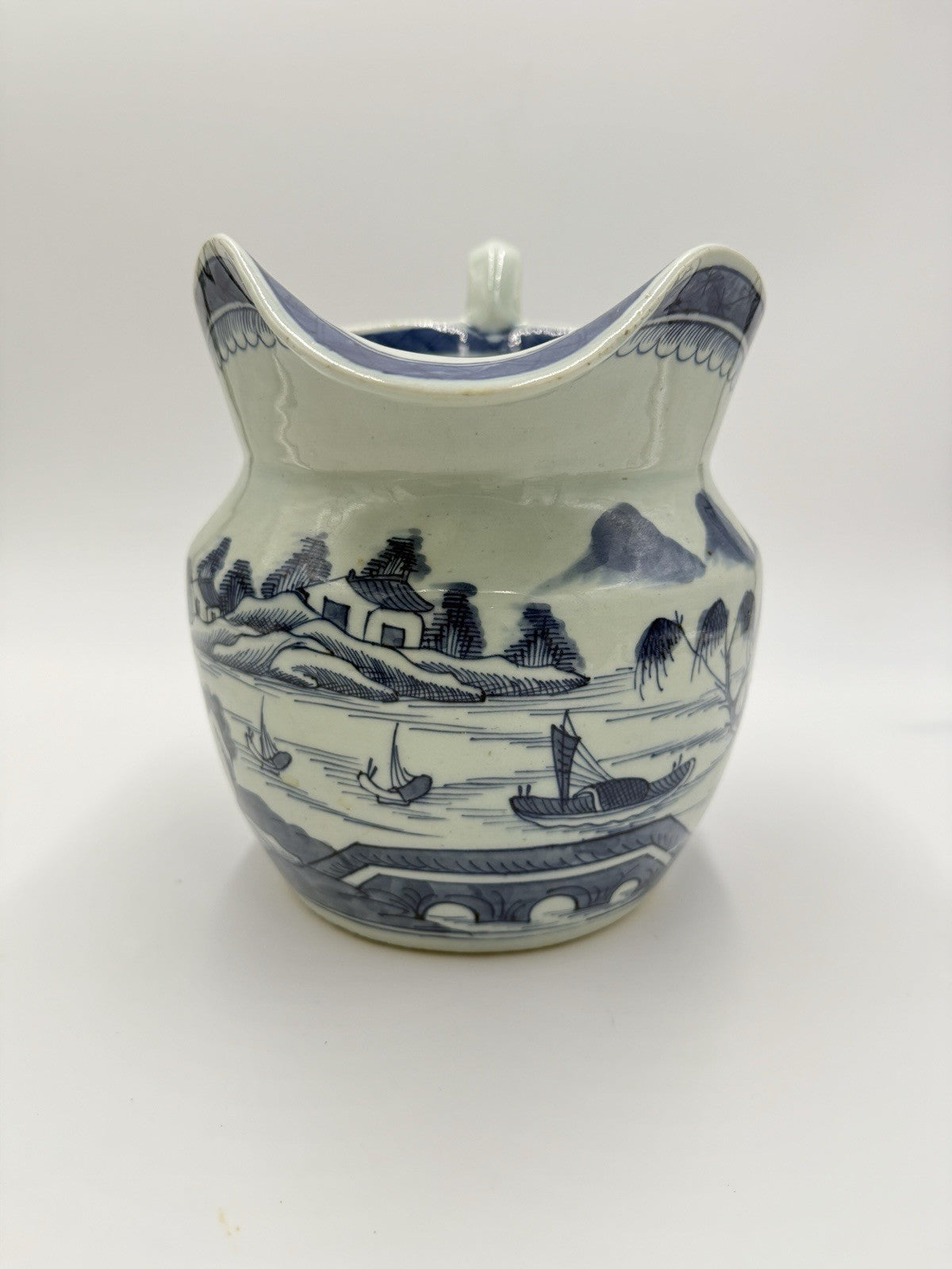 Antique Chinese Blue & White Canton Export Porcelain Large Pitcher 9”H x12” L