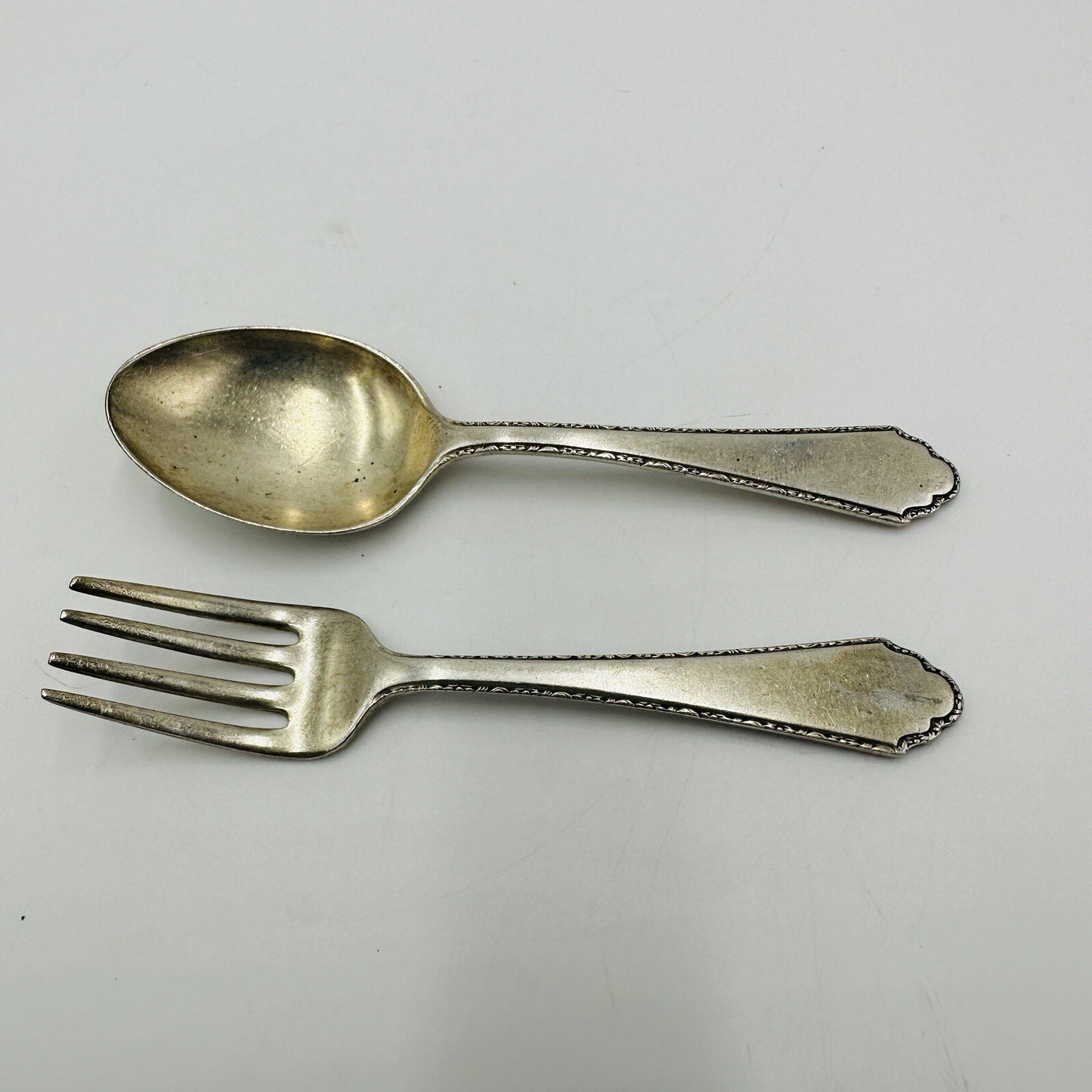 PATD 1921 Lunt William & Mary Baby Fork & Spoon Set Treasures Sterling 4” 2 Pcs