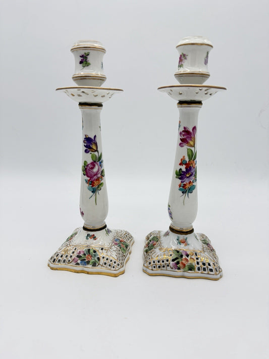 Antique Dresden Porcelain Carl Thieme Saxony Reticulated 10" Candlestick Floral
