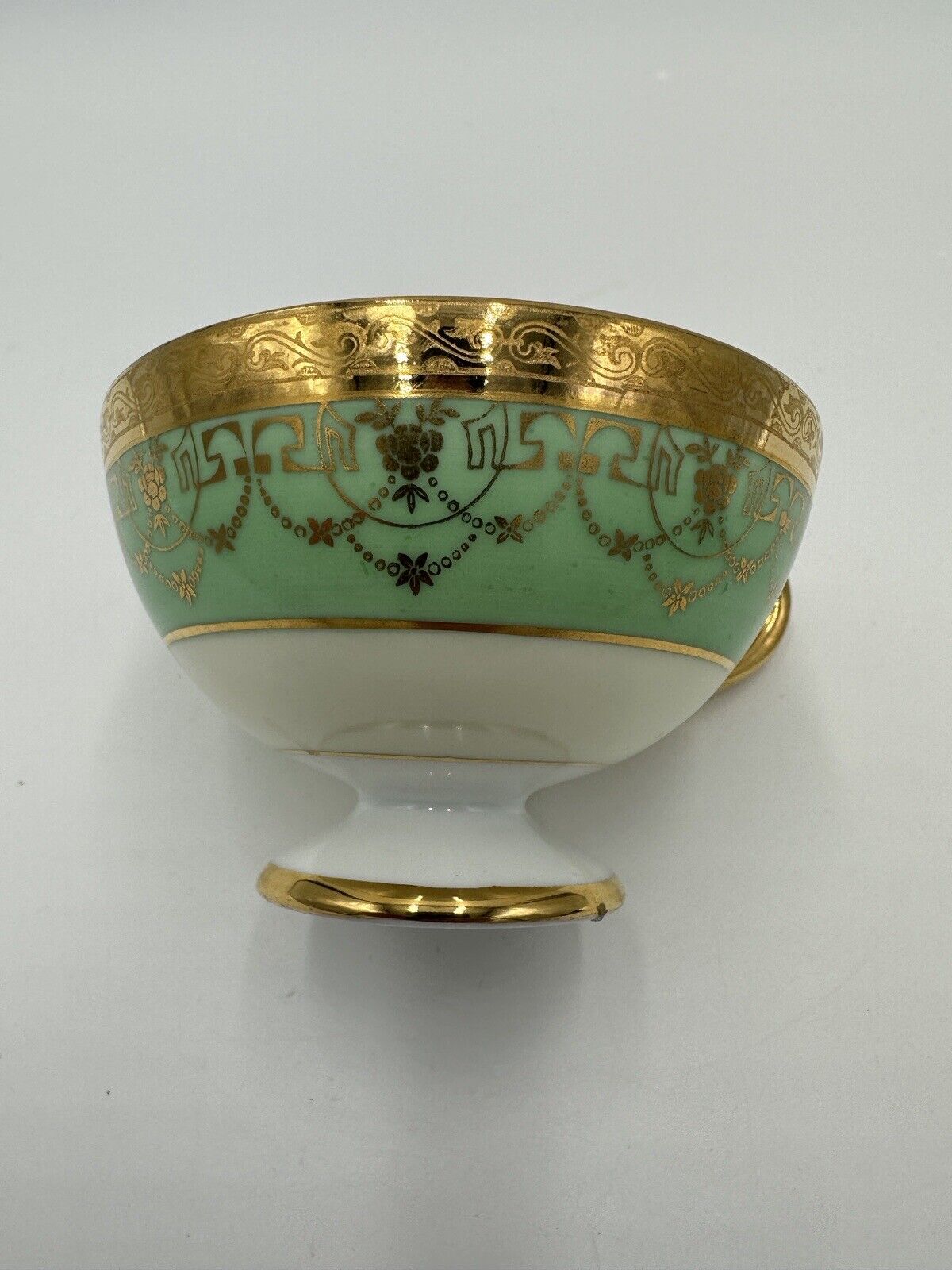 Czchoslovakia Bohemia Teacup Footed 24K Gold Encrusted Green Serveware Porcelai