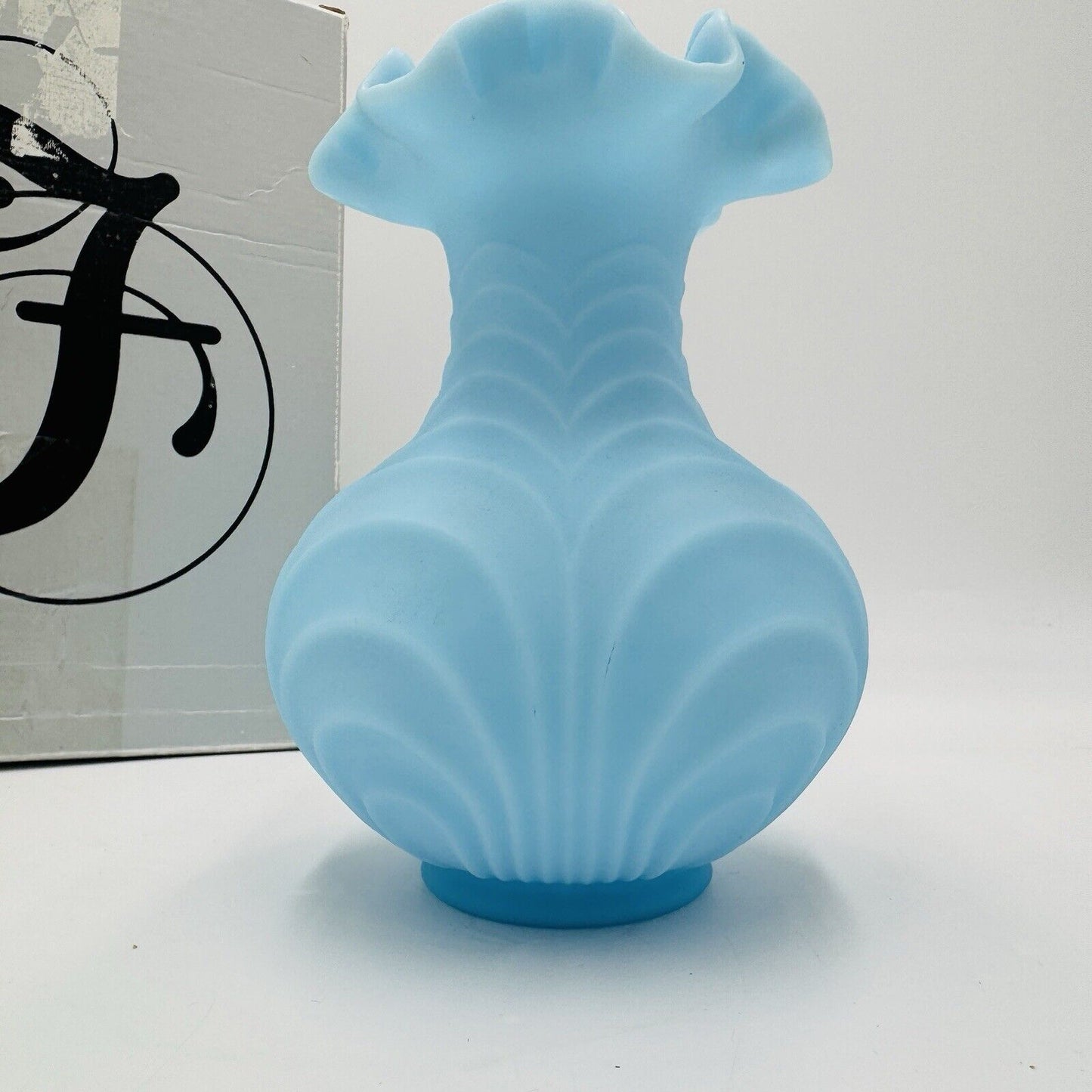 Fenton Draped Blue Satin Glass Vase Vintage Art Glass Ruffled Edge Drapery 8in