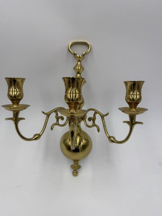 Hollywood Regency Solid Brass Wall Sconce | Triple Arm wall Candle Holder 12”x9”