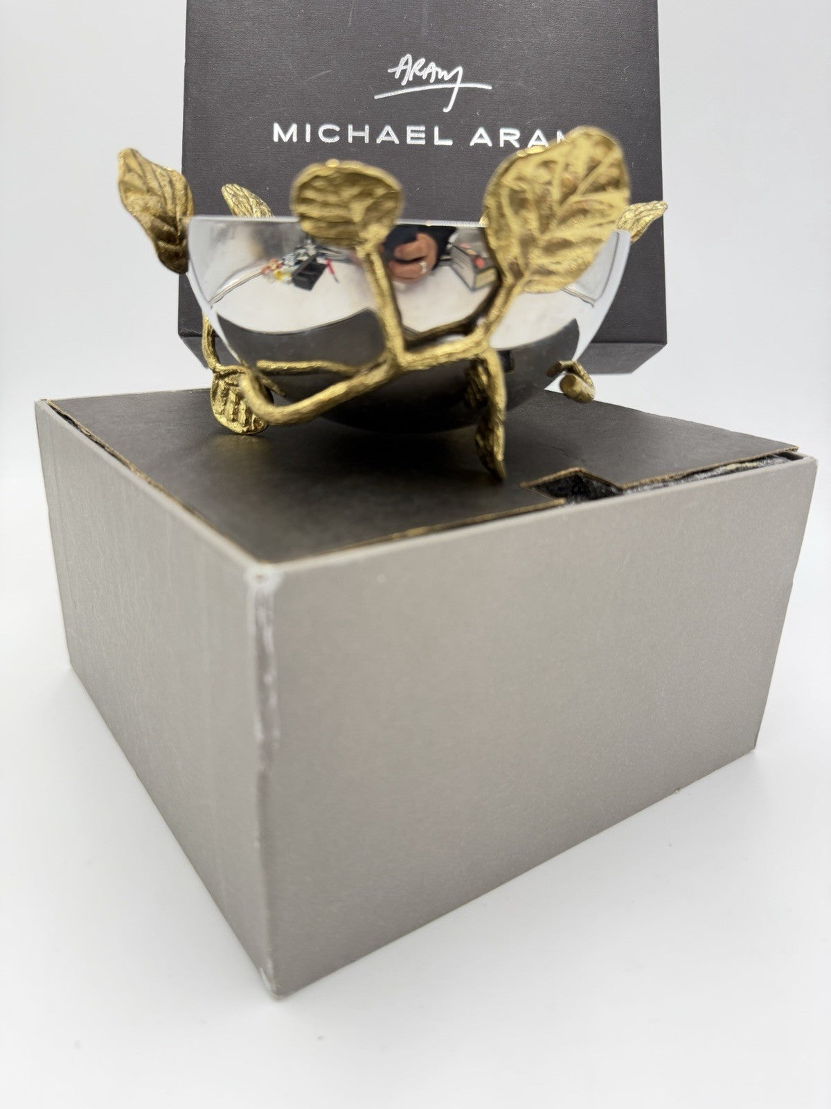 Michael Aram Botanical Lovebirds Ginkgo Branch Stainless Gold 3”x5” Nut Bowl