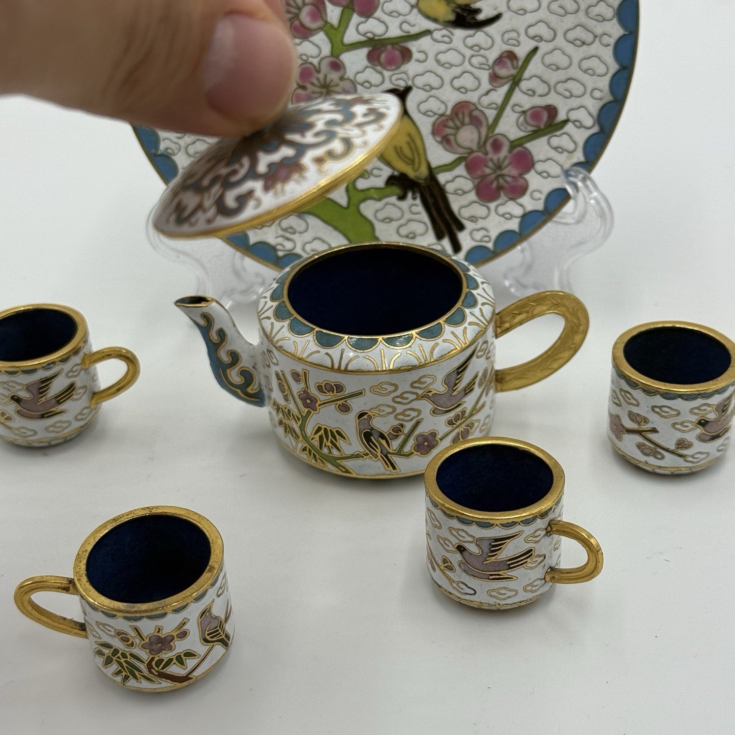 Vtg Cloisonné Enamel Chinese Bird Pattern Miniature Tea Set Dollhouse 6 PCs