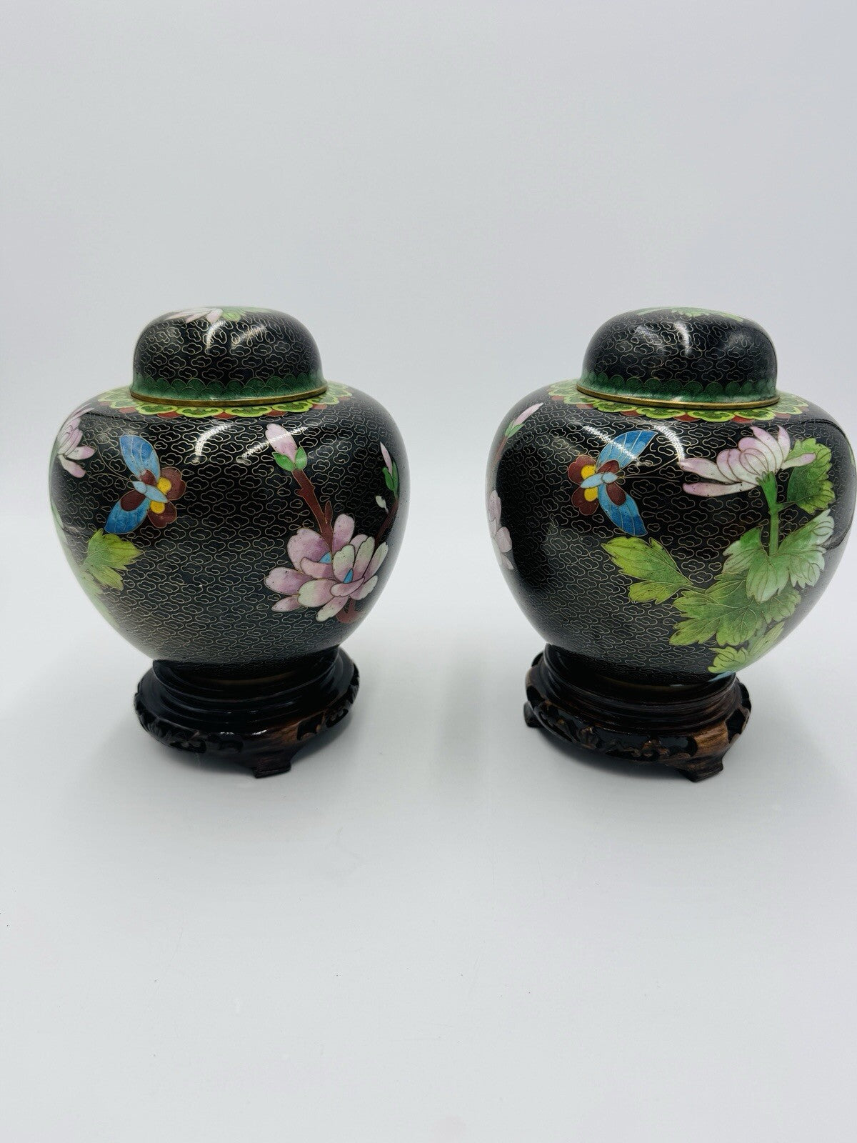 Vintage Cloisonne Brass Enameled Ginger Jar Floral Butterfly Inlay Design 7in