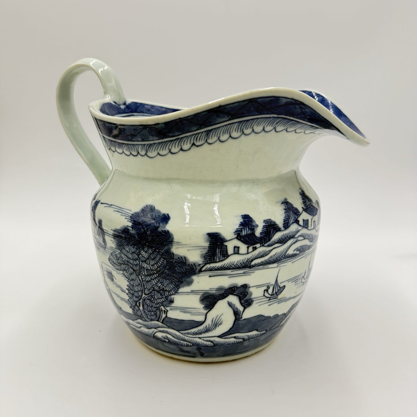 Antique Chinese Blue & White Canton Export Porcelain Large Pitcher 9”H x12” L