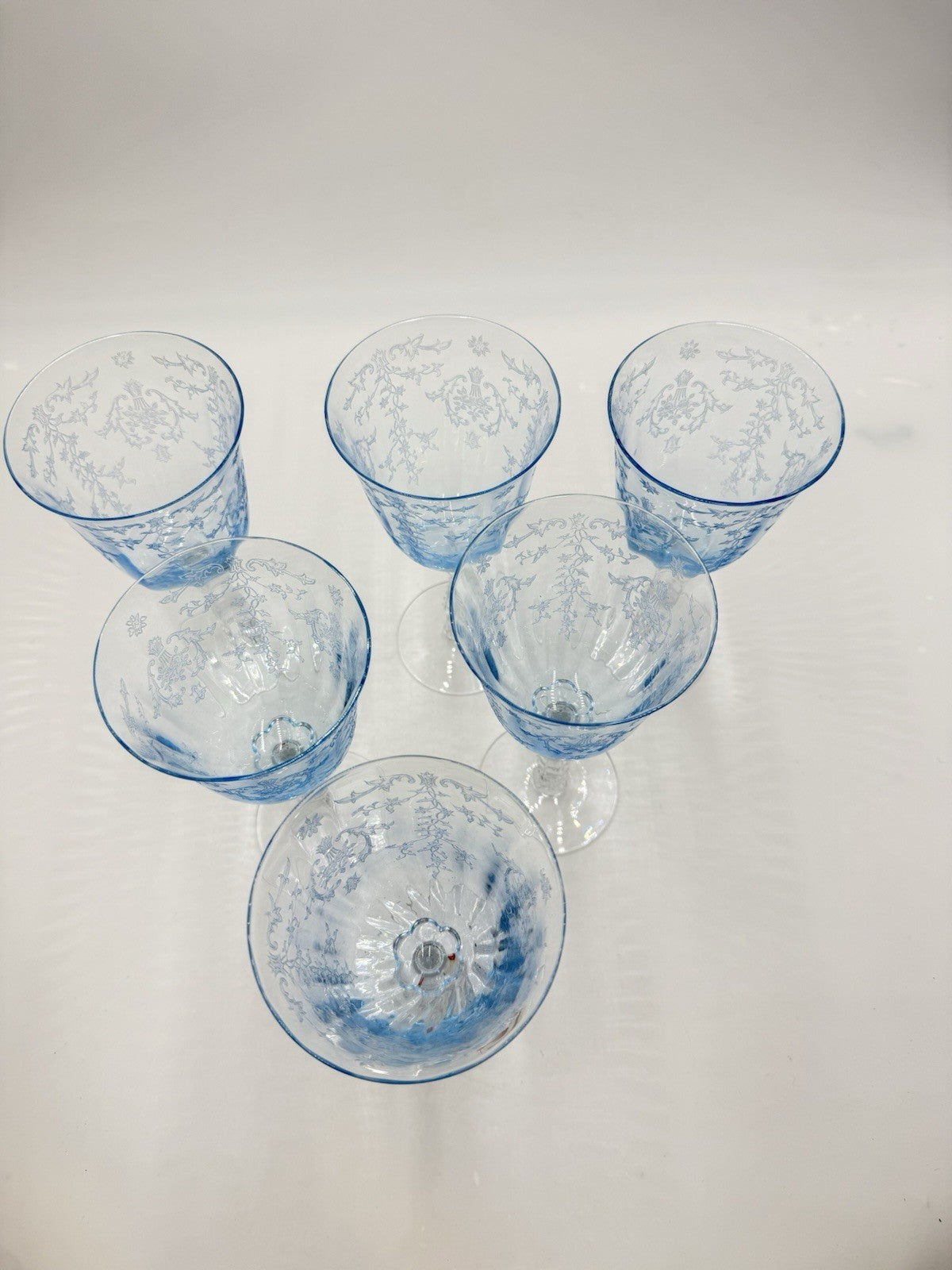 Fostoria Navarre Blue Art Glass Water Goblets Vintage Etched Floral 7.5” Set 6