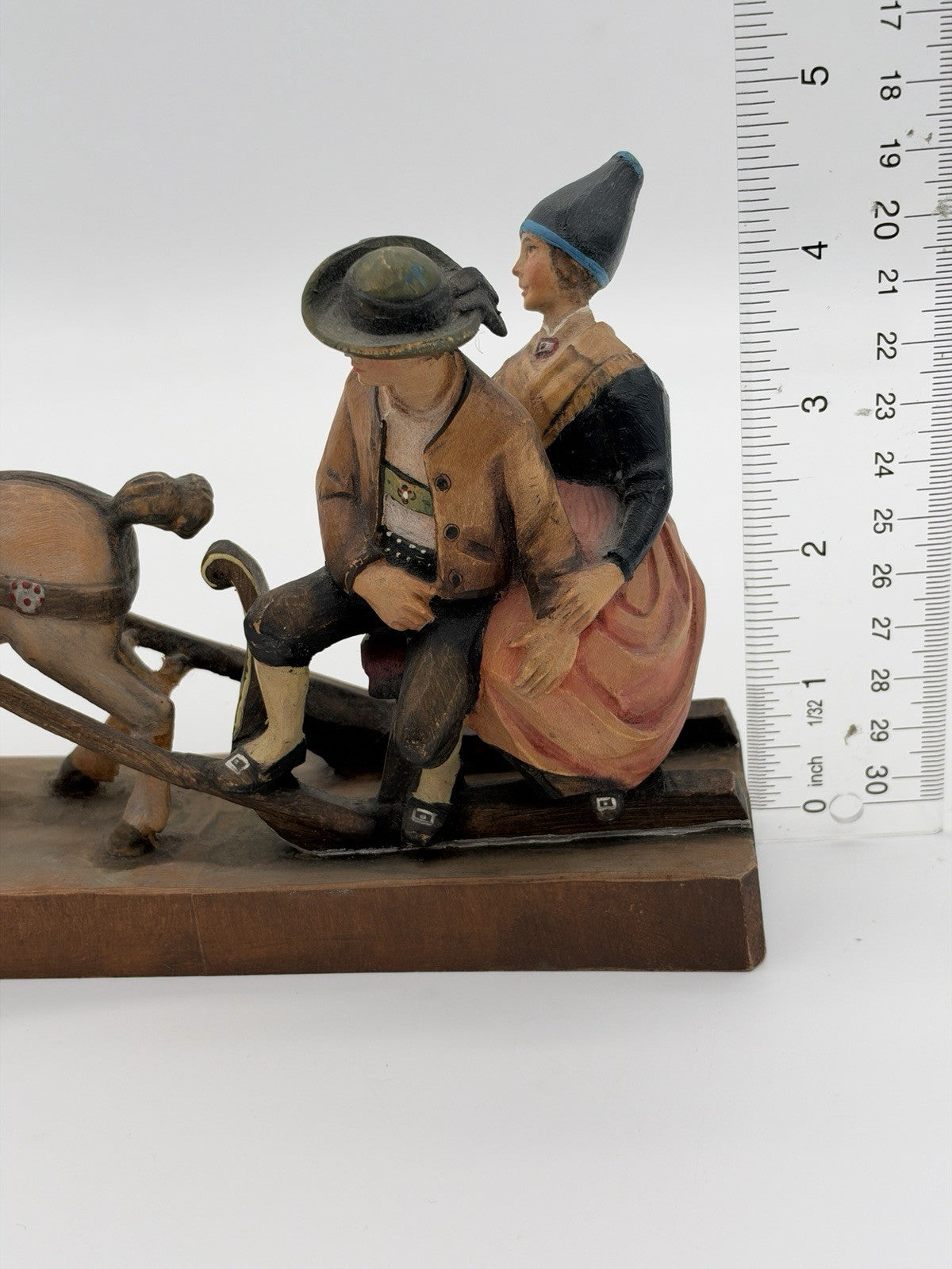 Antique folk art wood carving August Runggaldier Italy farmers on horse sleigh