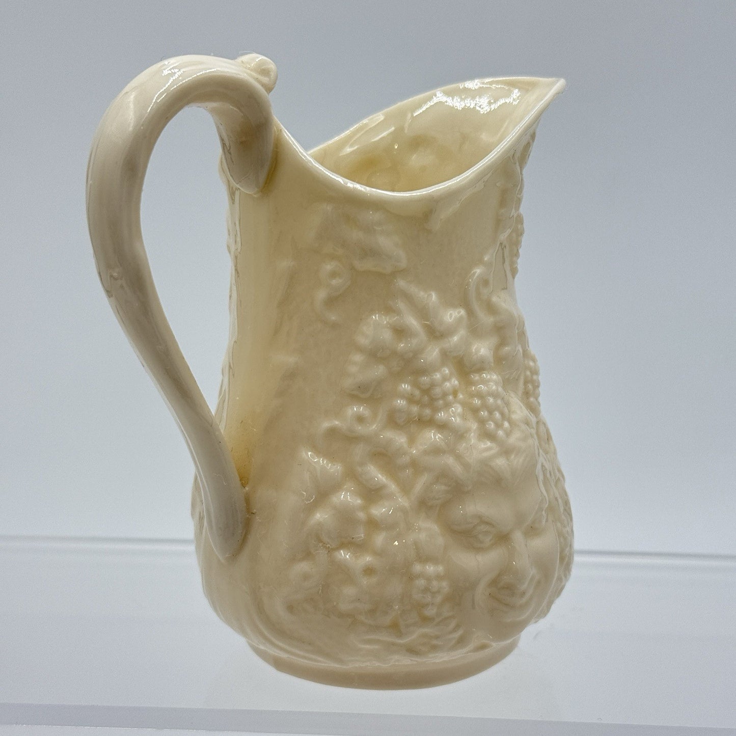 Belleek Irish Porcelain Bacchus Mask Grapes Embossed 4” Pitcher