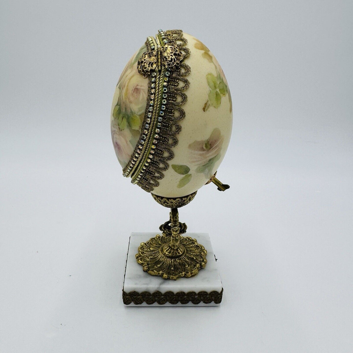 Vintage Ostrich Egg Ornate Hand Decorated Brass & Marble Base Green Velvet Lined