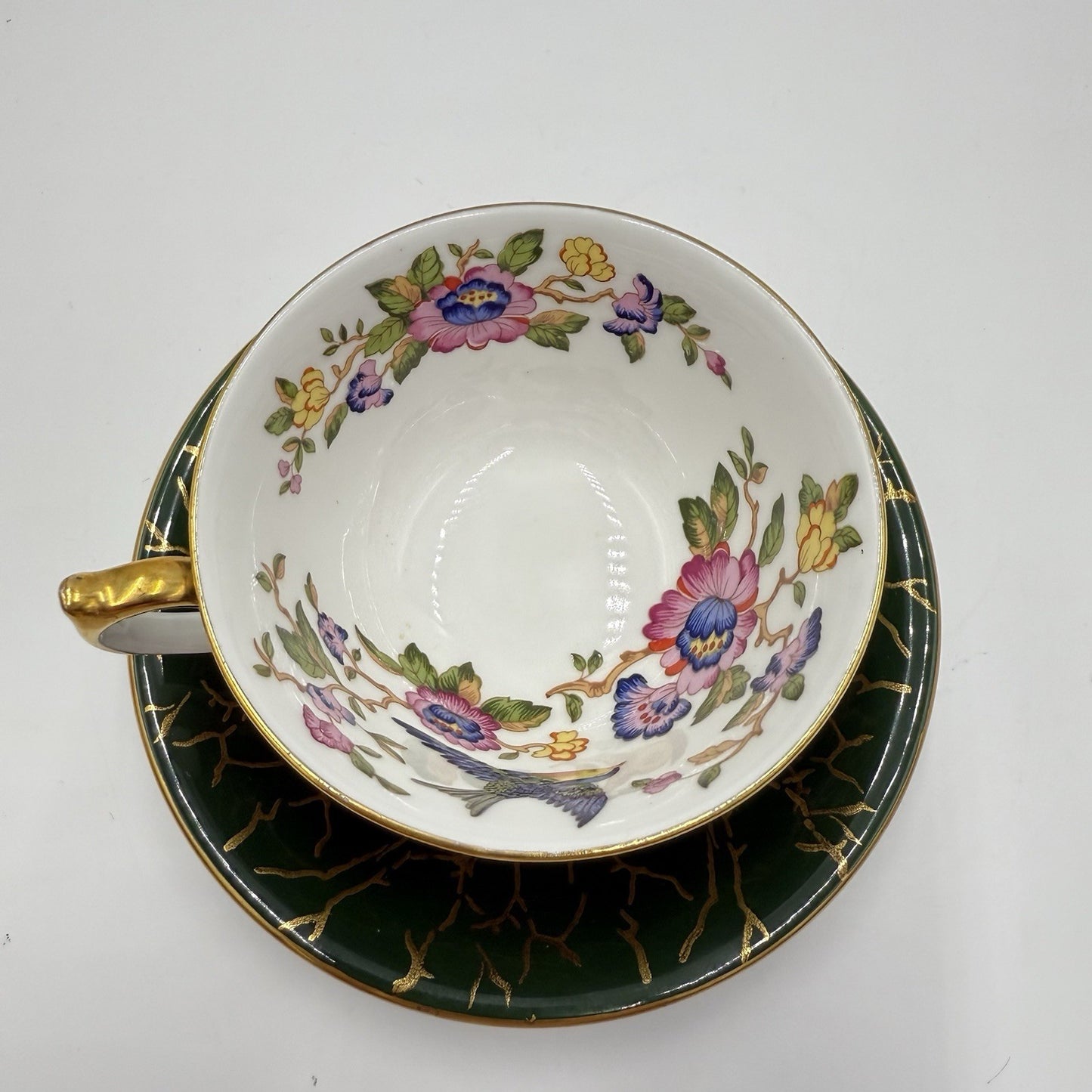 Aynsley Bone China Pembroke Pattern English Dark Green Floral Bird Crackle-like