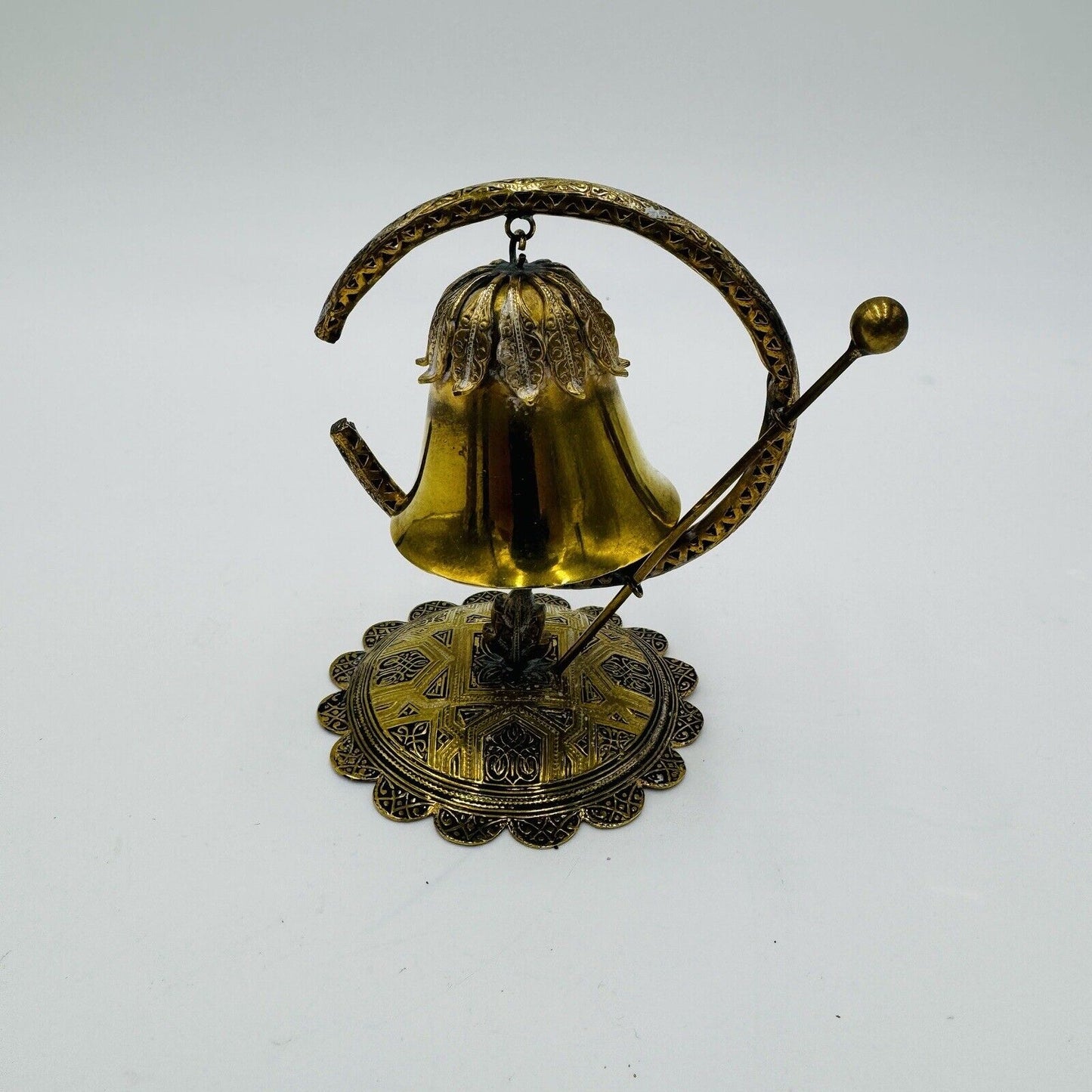 Brass Miniature Gong Ornate Bell Embossed 4in H Vintage Home Decor