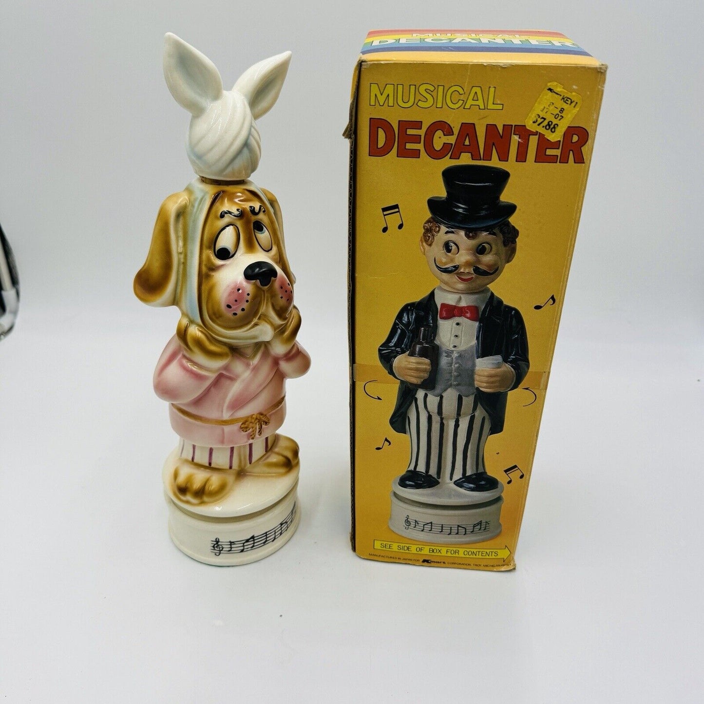 VINTAGE Musical Decanter Sad Hound Dog WORKS Ice Bag Cork Topper NIB 13"