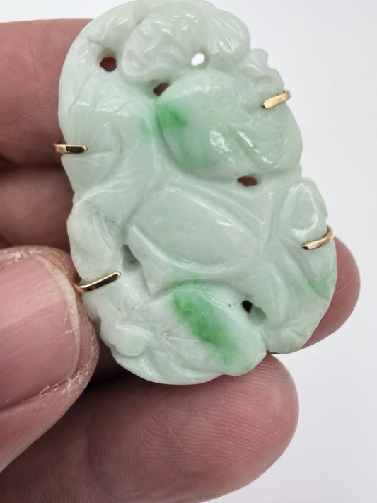 Antique Chinese 14K Yellow Gold Jadeite Jade Pin Brooch Natural Jade