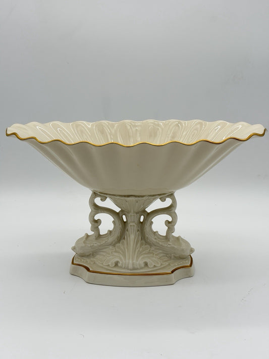 Lenox USA Porcelain Centerpiece Compote Aquarius Dolphin Pedestal Bowl 24k