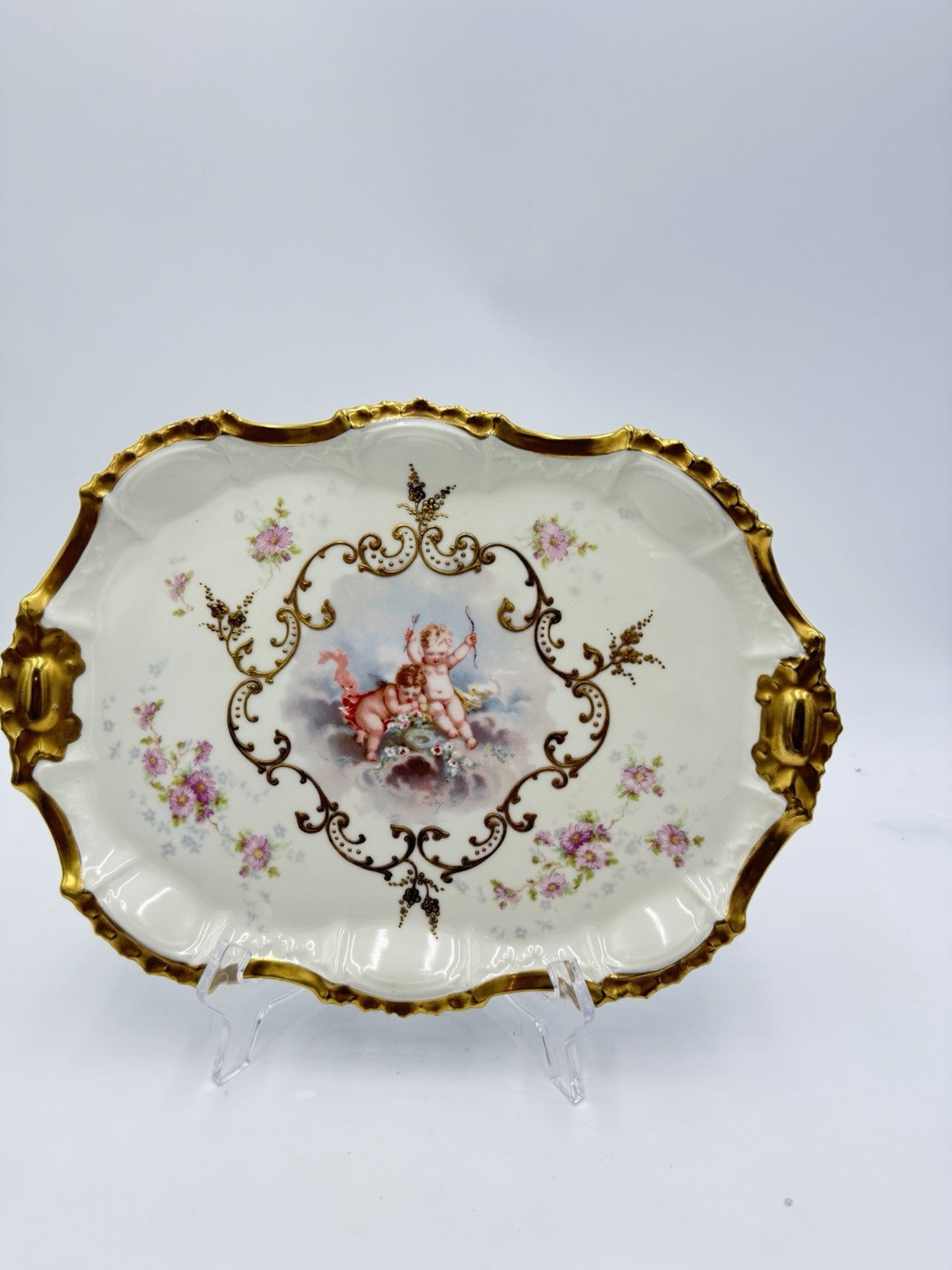 Antique AK Limoges France Cupid Cherubs Gilded Large Rectangle Platter Porcelain
