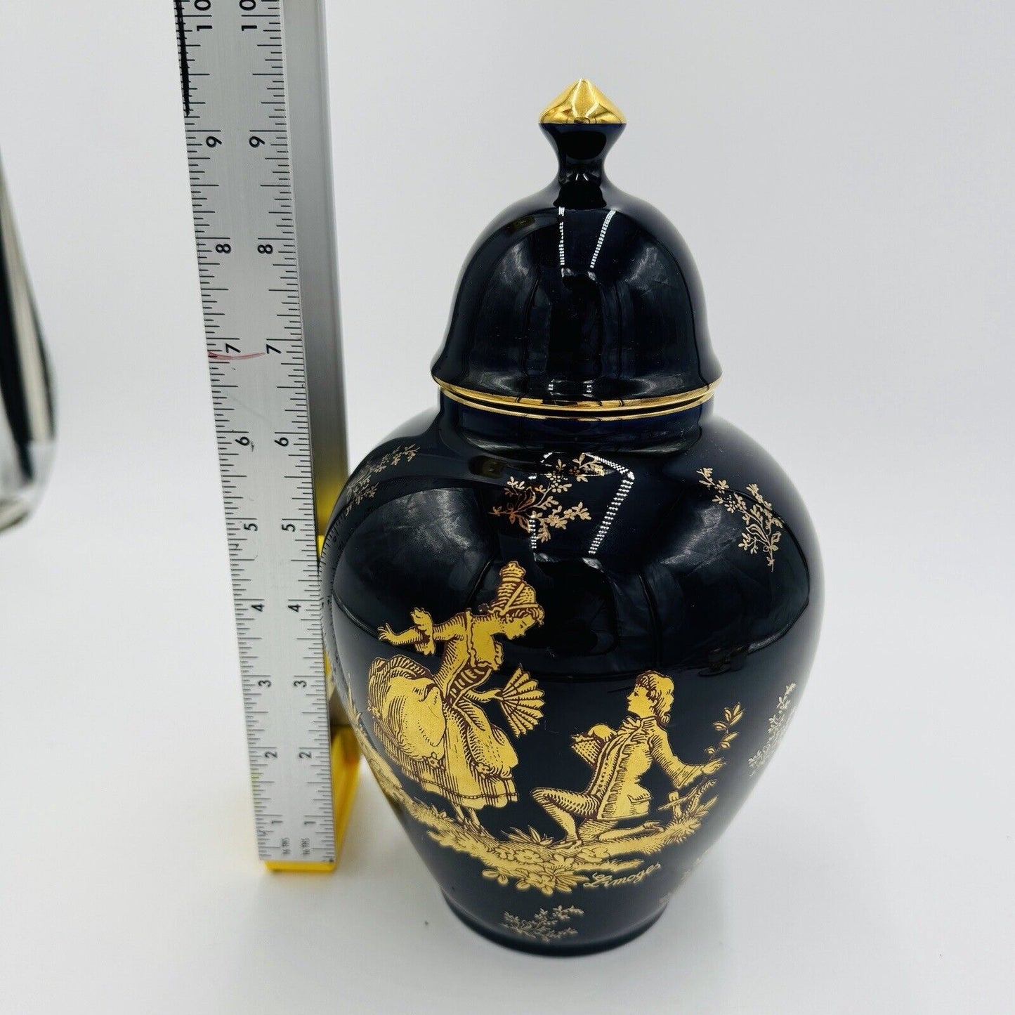 Limoges France Cobalt Blue Urn W/ Lid courting couple porcelain 9.5” Gold Trim