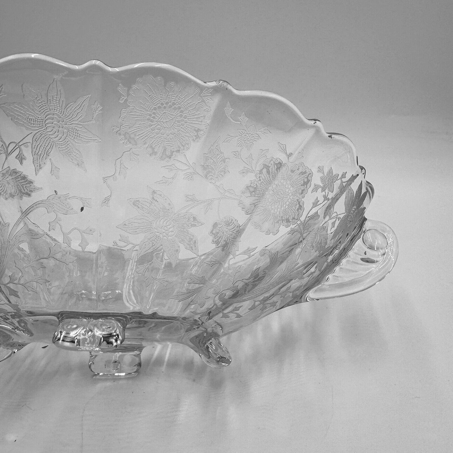 Antique CAMBRIDGE Rosepoint Footed DOUBLE HANDLED OVAL BOWL Embossed