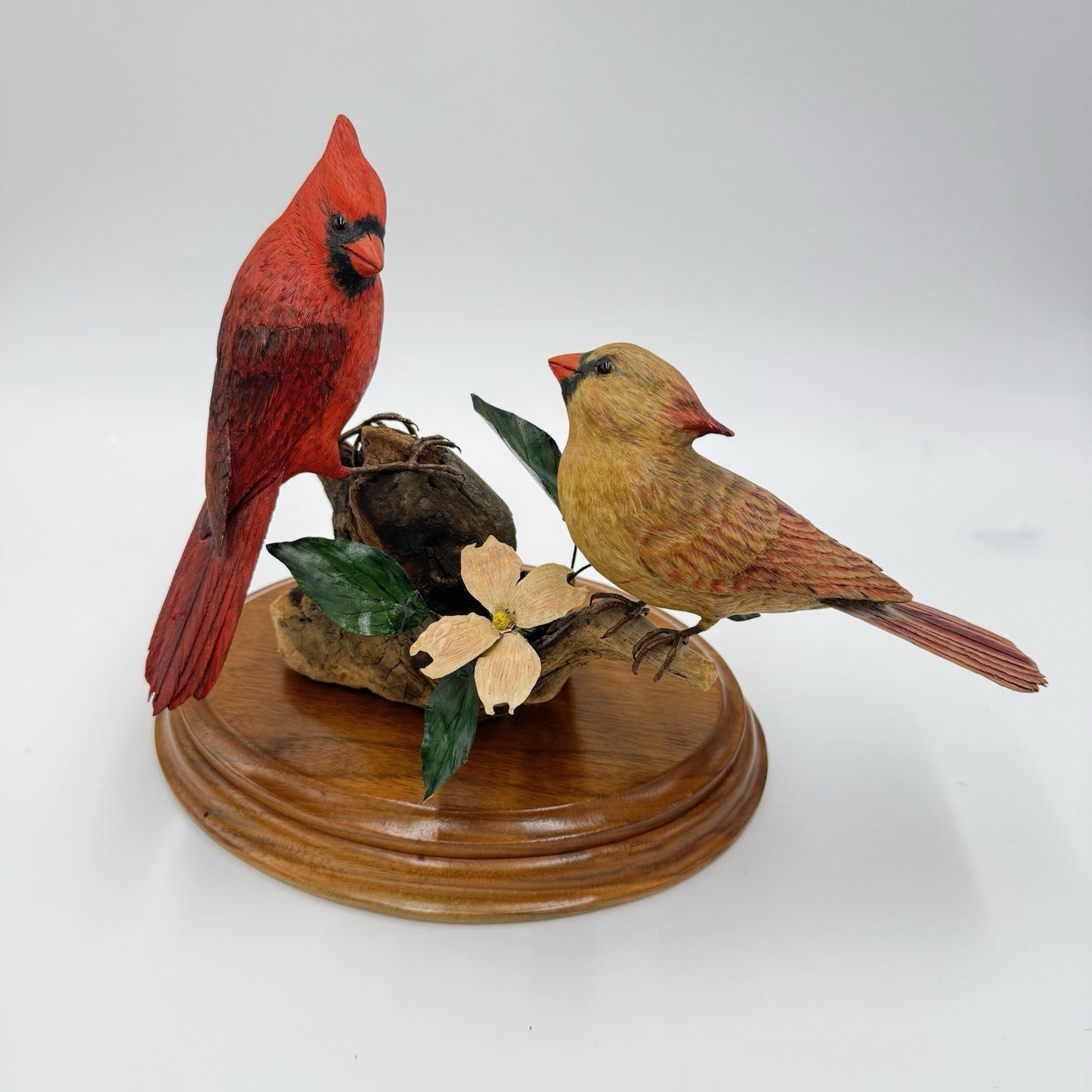 Vintage Susan Young Folk Art Wood Carving Northern Pair Cardinal Perched Signed