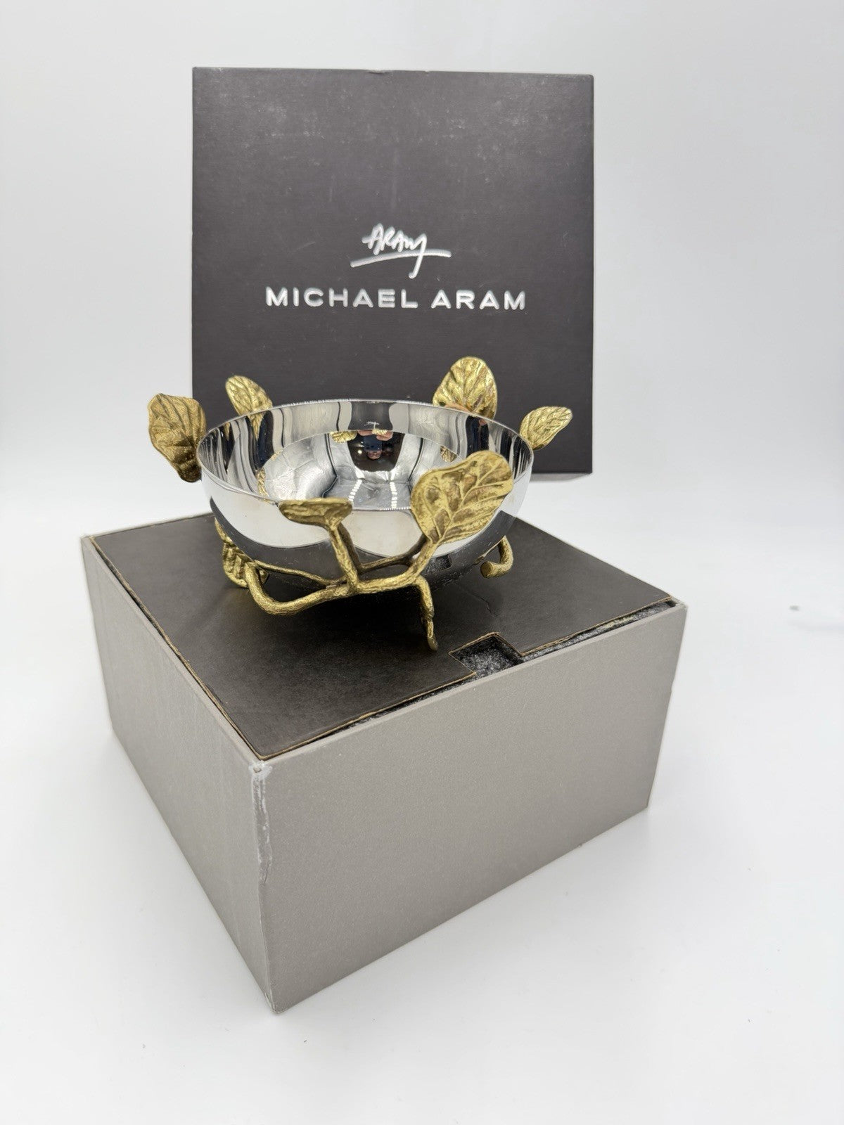 Michael Aram Botanical Lovebirds Ginkgo Branch Stainless Gold 3”x5” Nut Bowl
