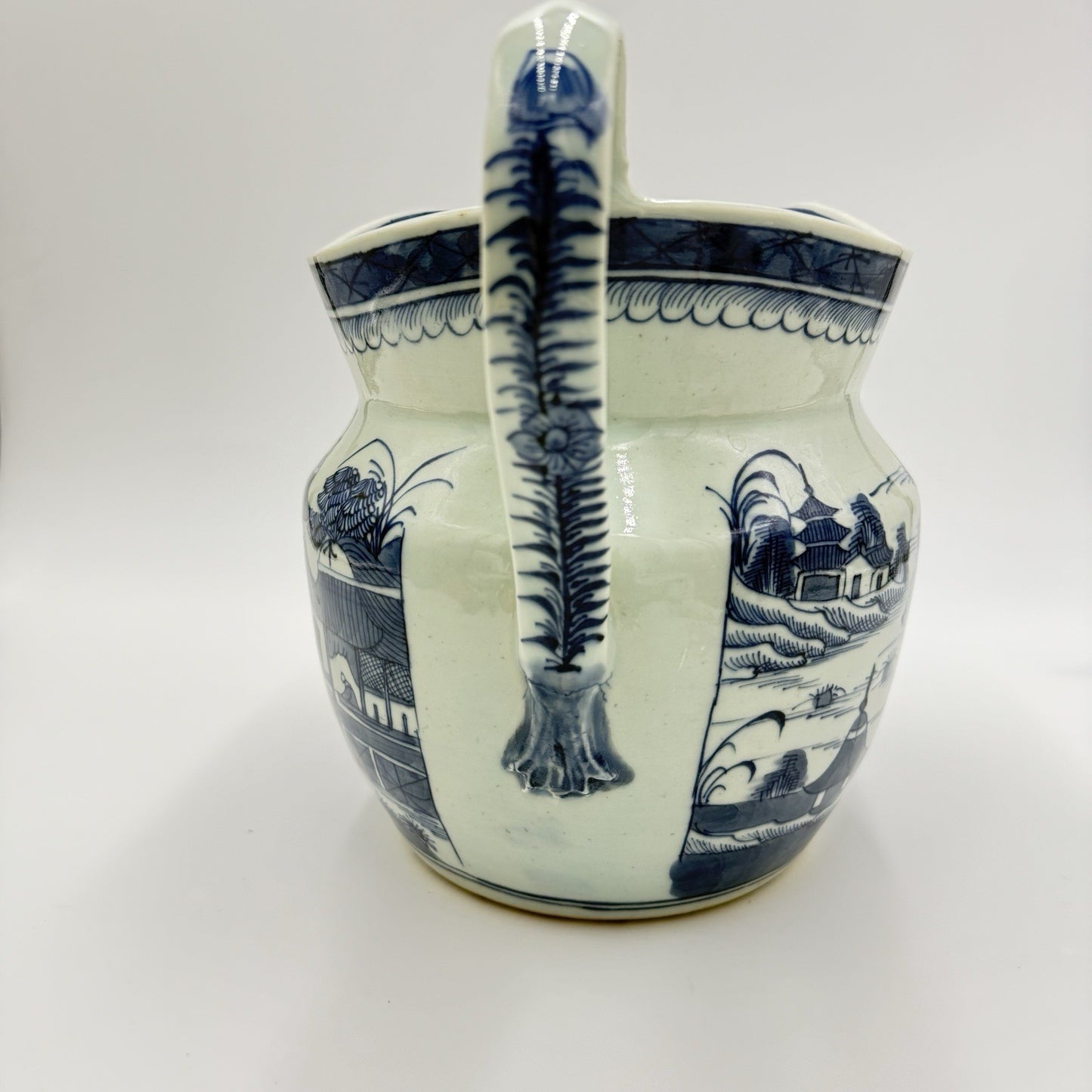 Antique Chinese Blue & White Canton Export Porcelain Large Pitcher 9”H x12” L