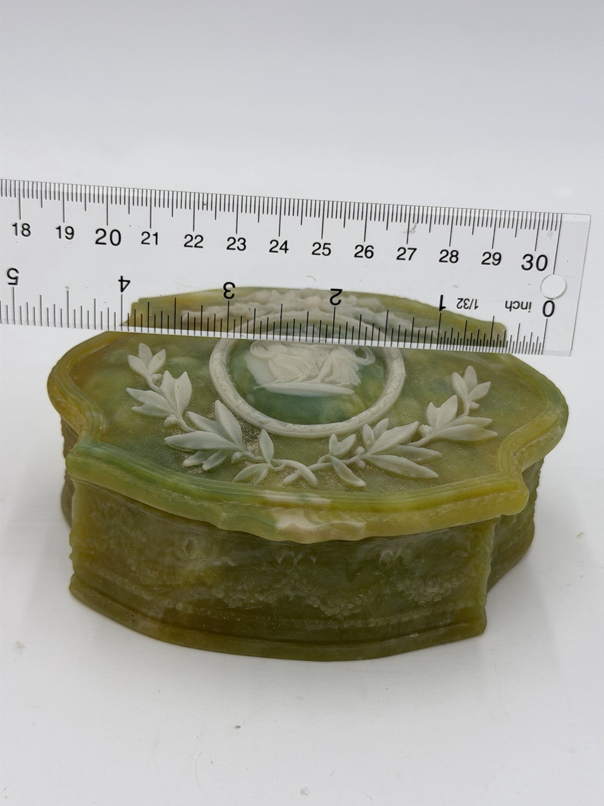 Vintage Incolay Stone Green Victorian Dancers Jewelry Trinket Box 5 x 4 x 2" USA