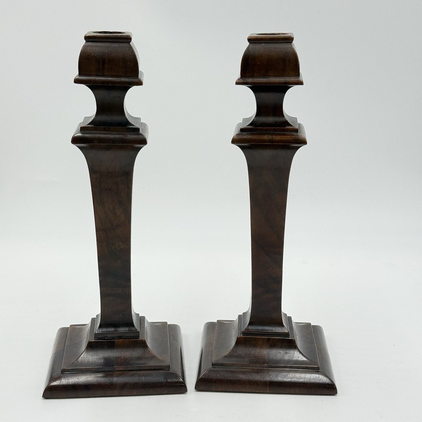 Early 20th Century Walnut Veneer Wood Pedestal Candlesticks Pair Red Velvet 10”