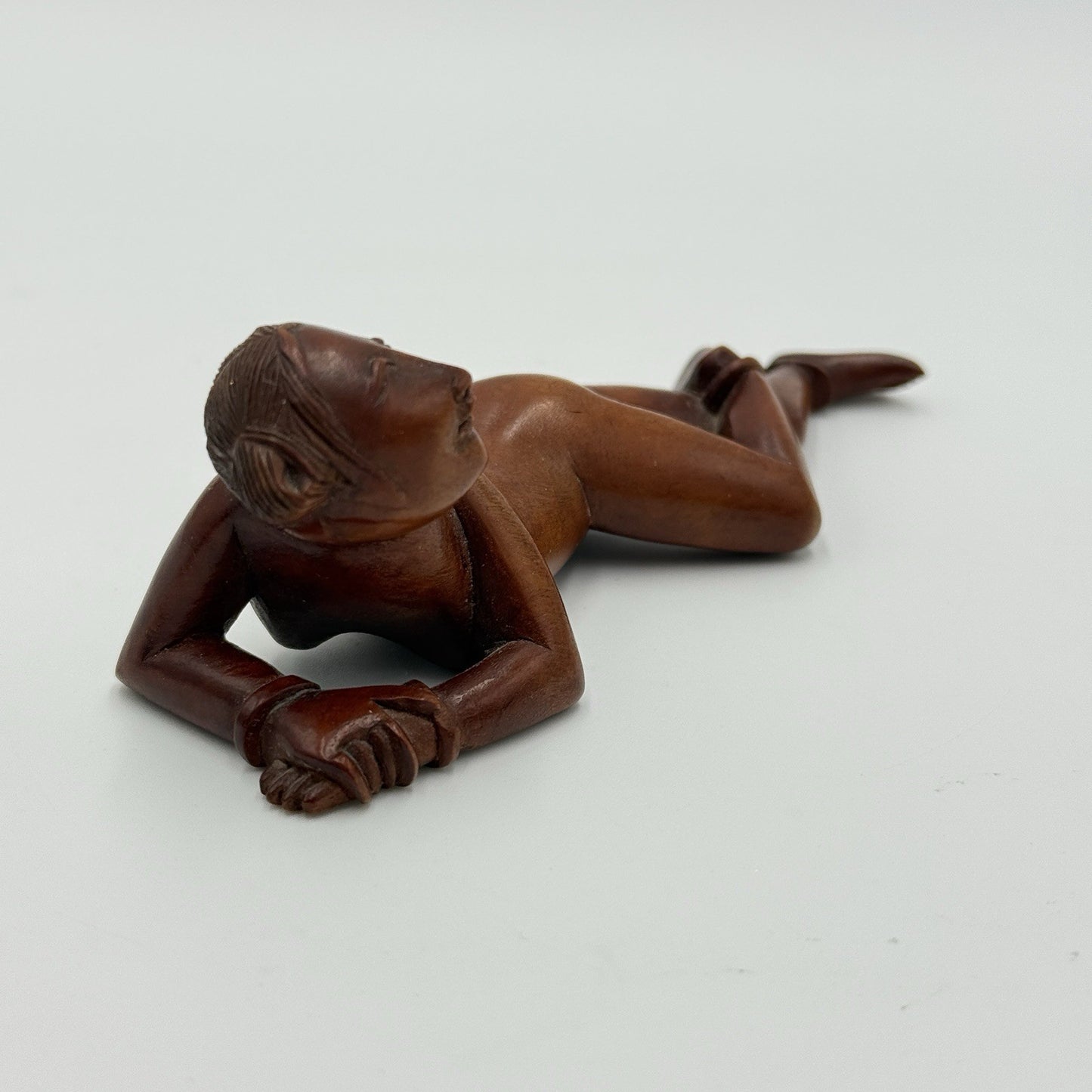 Antique Chinese Netsuke Wood Carved Women Posing Figurine Folk Art Hand Carved