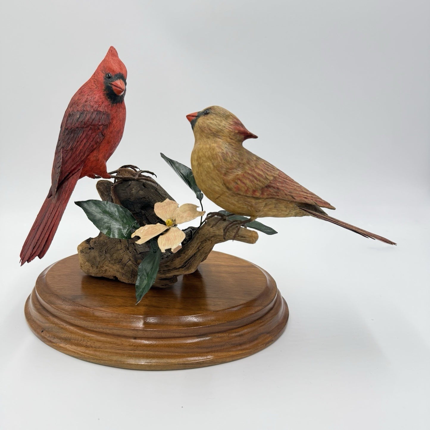 Vintage Susan Young Folk Art Wood Carving Northern Pair Cardinal Perched Signed