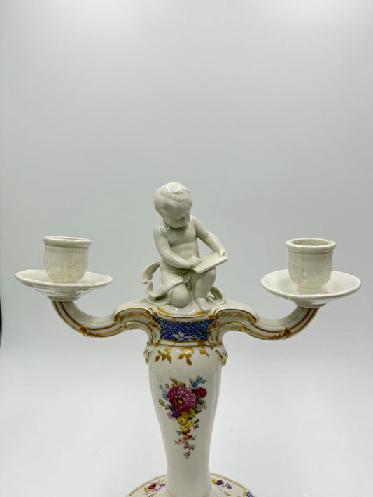 Berlin Rocaille porcelain Candelabra 19th C KPM kneeling reading putto 14” Rare