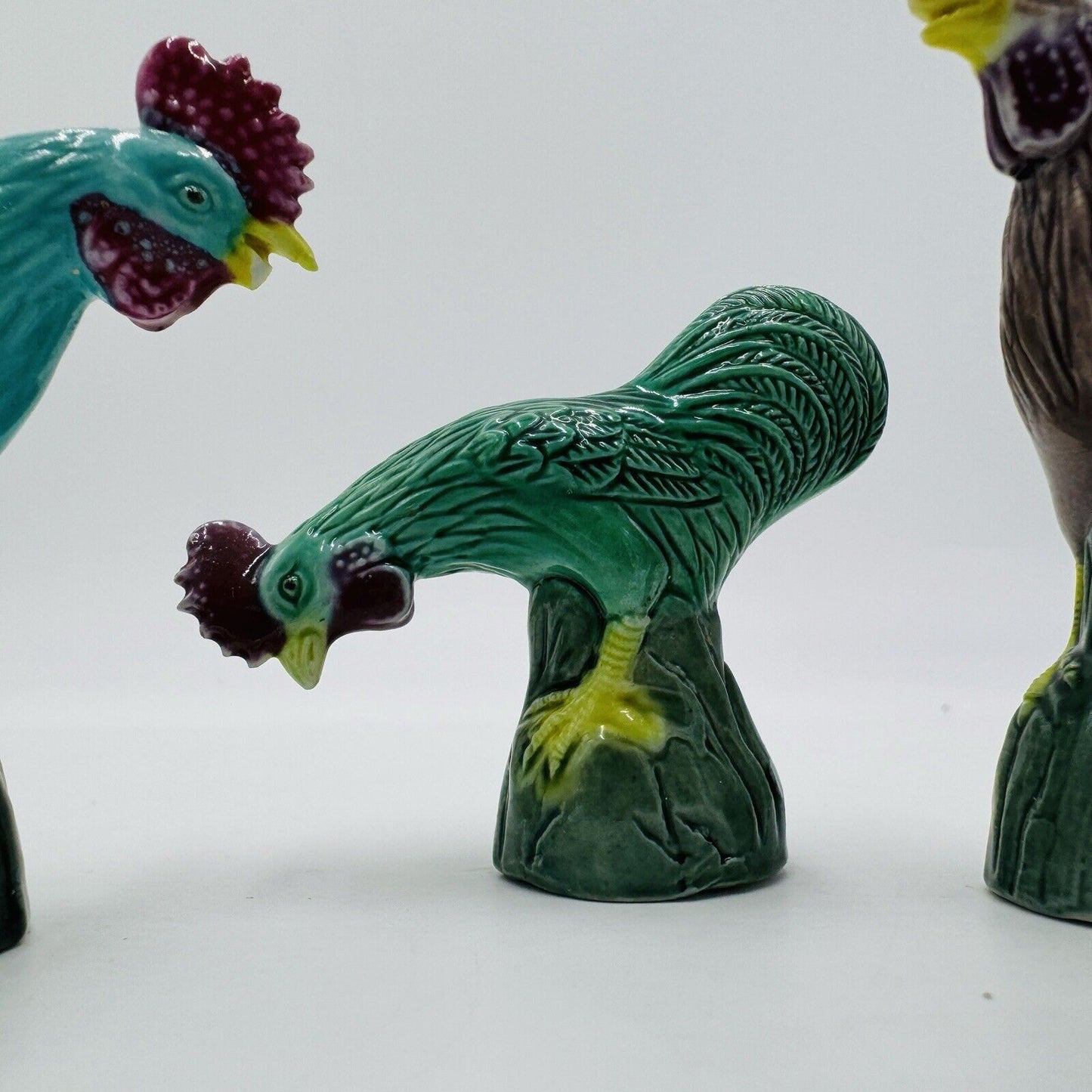 Rare Vintage Chinese Ceramic Roosters Miniature Set Export Figurines