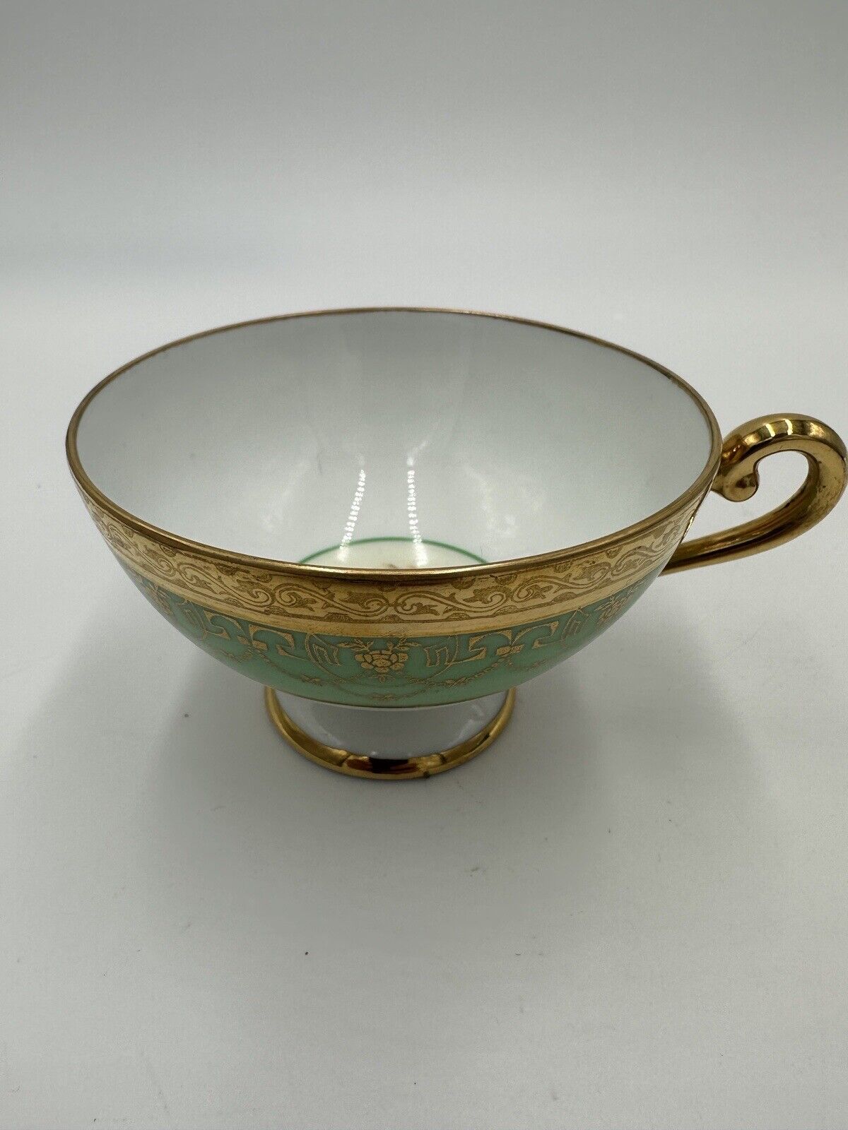 Czchoslovakia Bohemia Teacup Footed 24K Gold Encrusted Green Serveware Porcelai