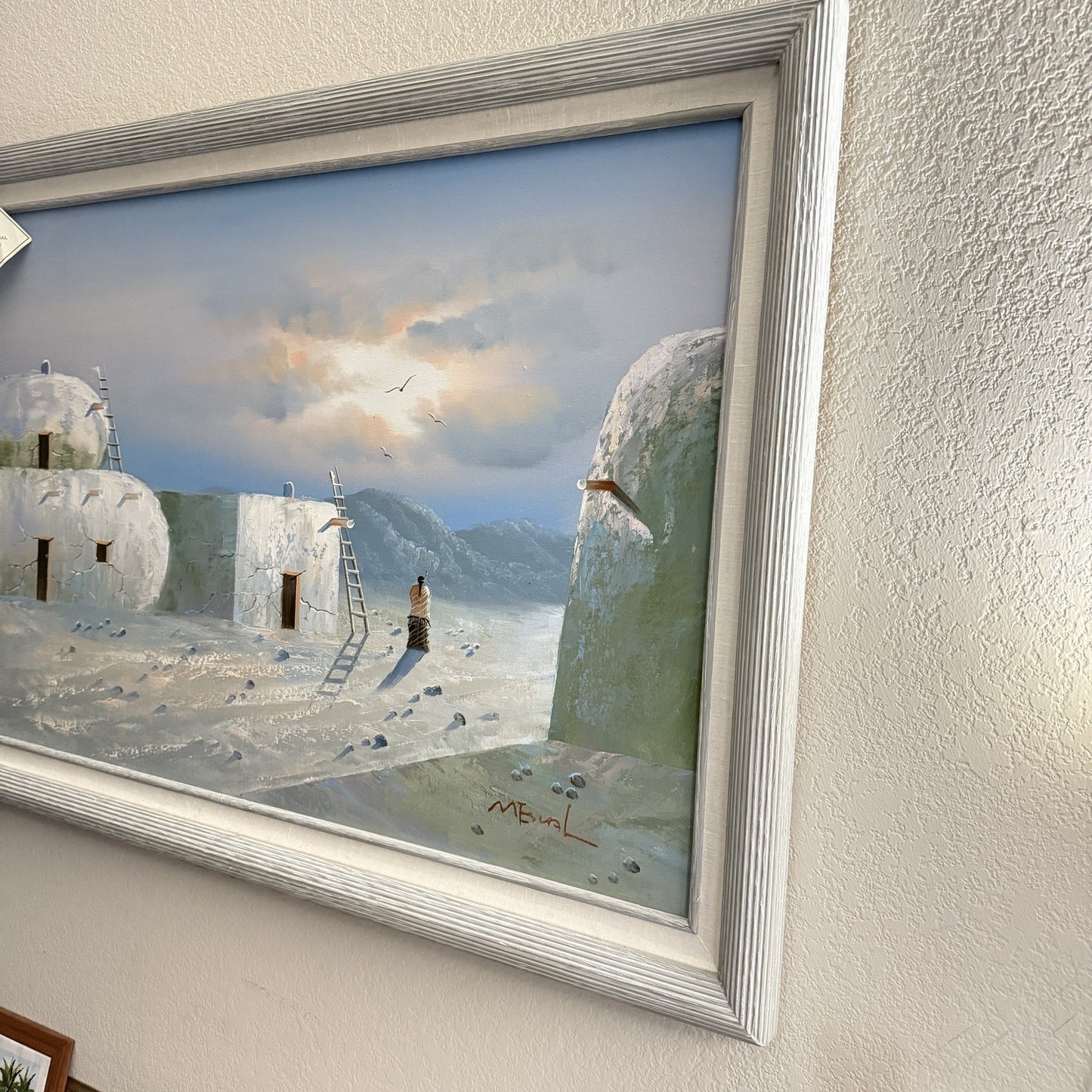 K. Mescal Oil Painting On Canvas Southwest Native American Town Sunset 29”x 41”