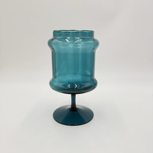 Empoli Art Glass Italy Footed Blue Teal Compote 7.5”H Jar Vase MCM Vintage