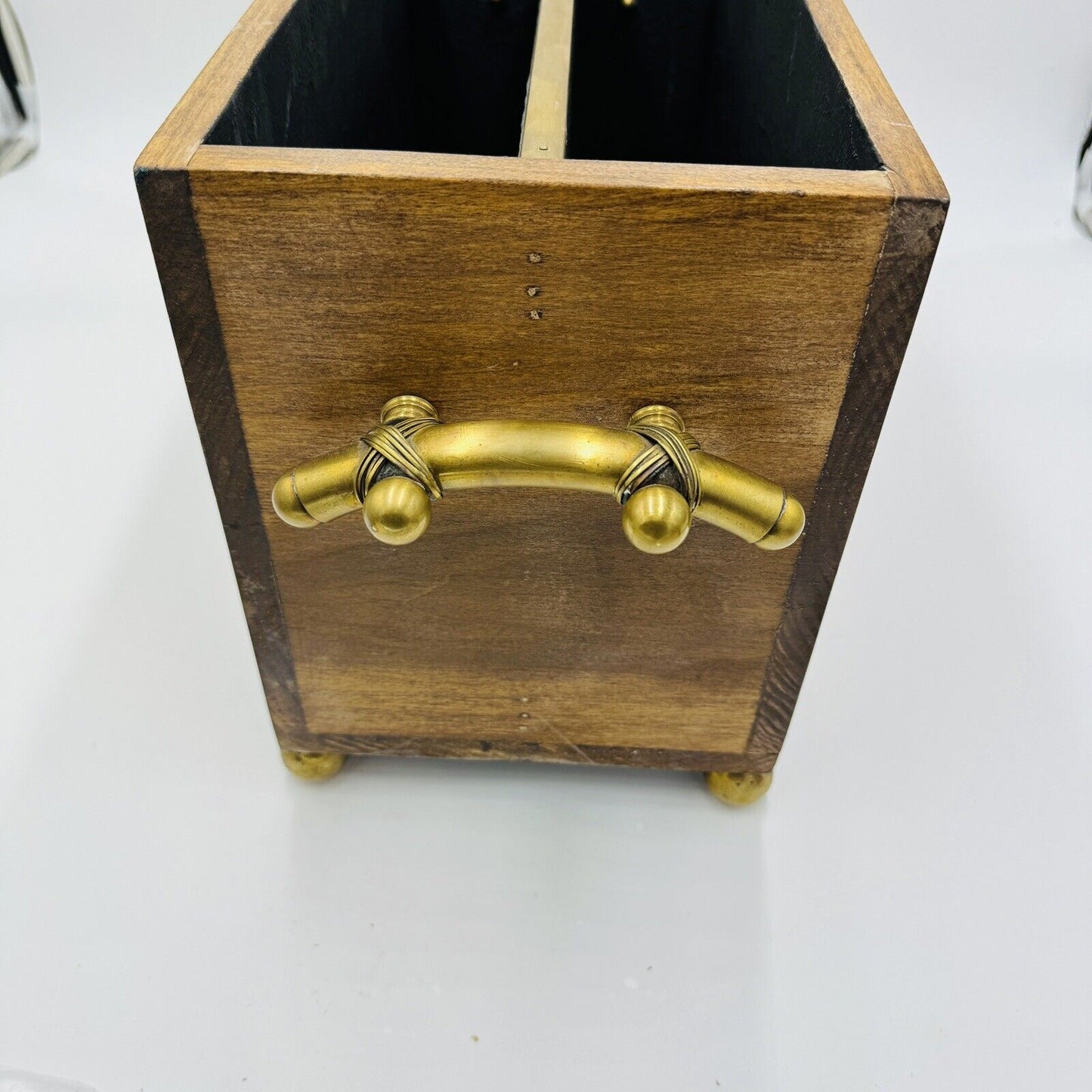 Magazine Holder Brass Handles Vintage Solid Wood Hollywood Regency Storage Decor