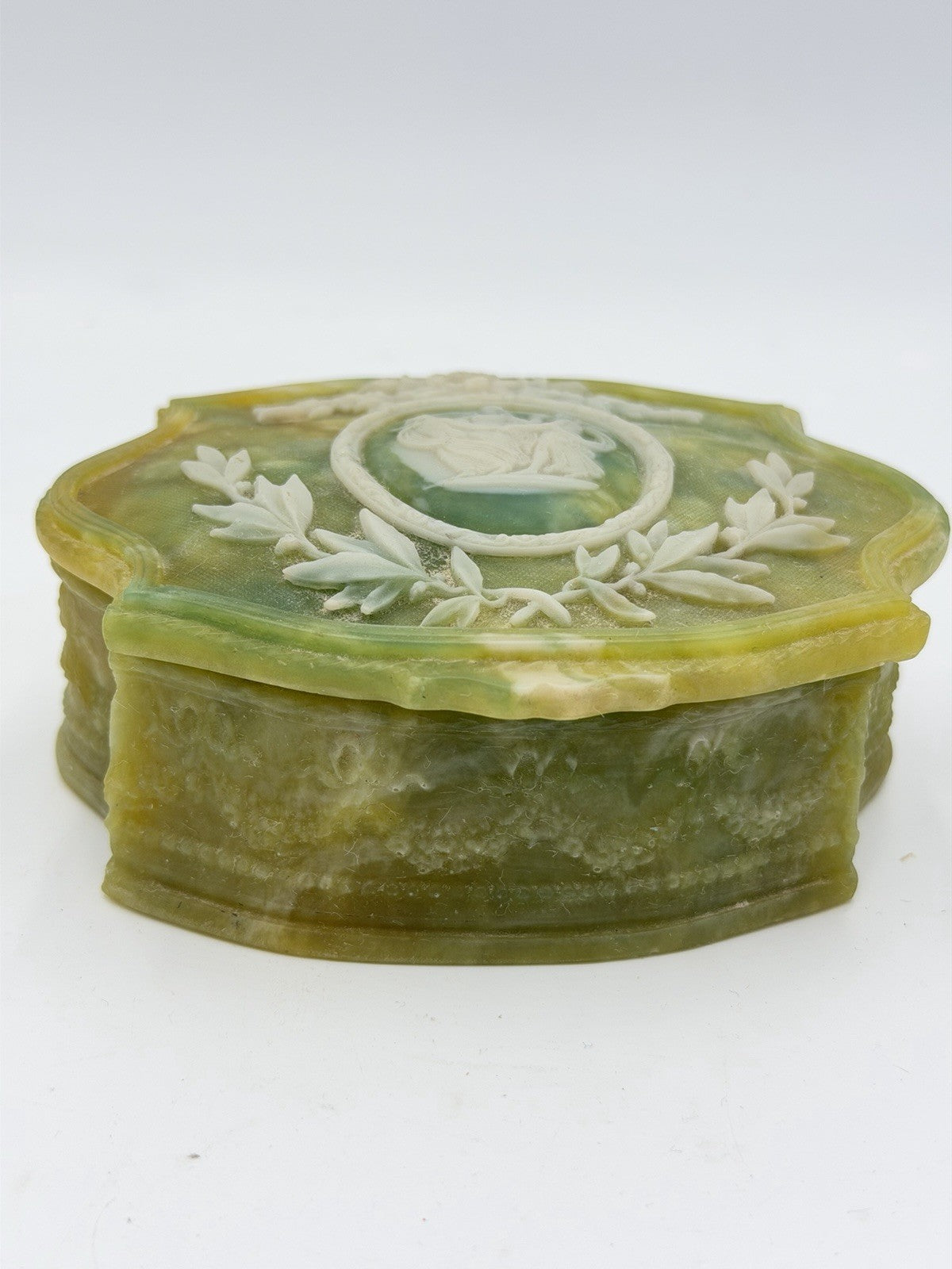 Vintage Incolay Stone Green Victorian Dancers Jewelry Trinket Box 5 x 4 x 2" USA